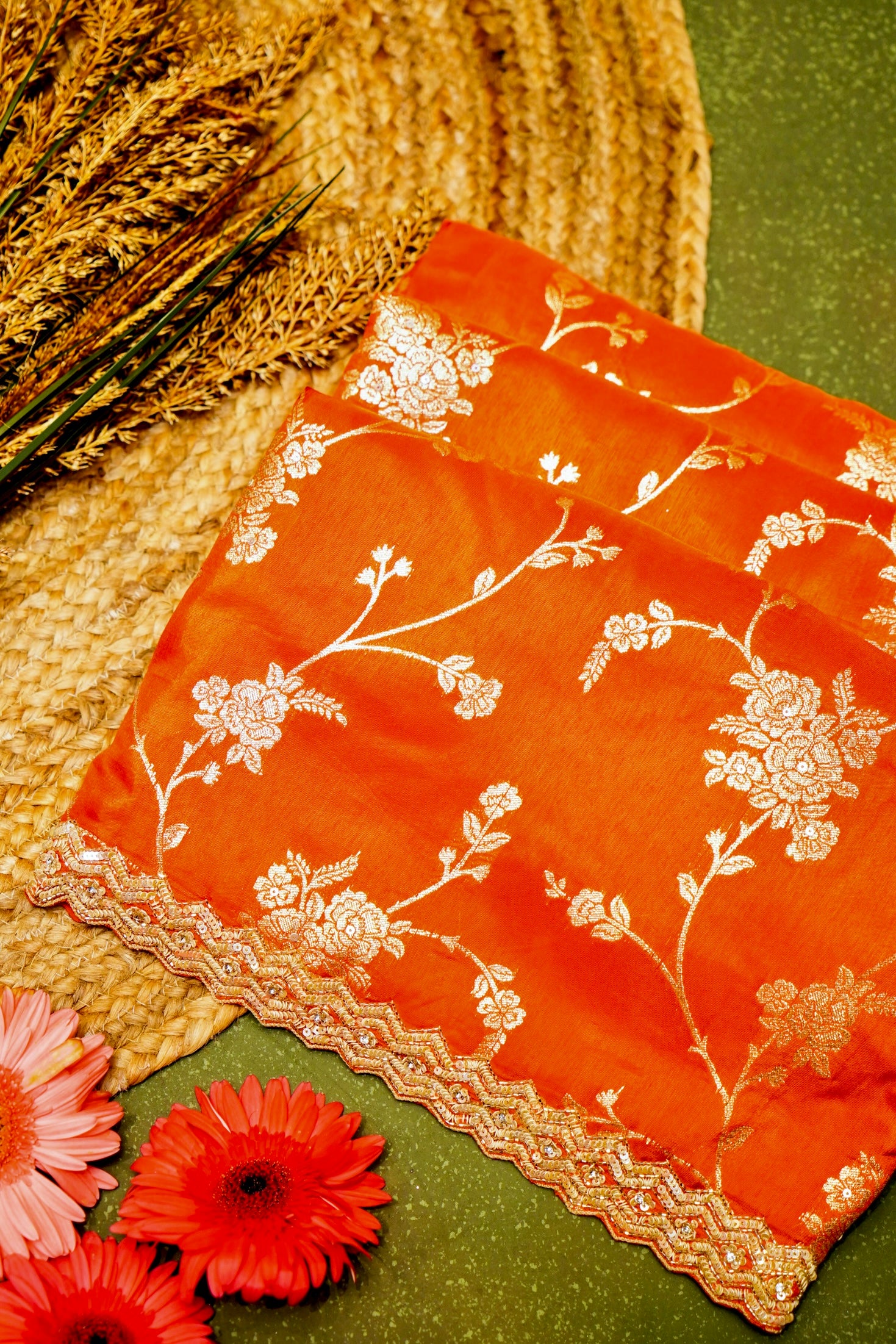 Designer Orange Moonga Silk Saree