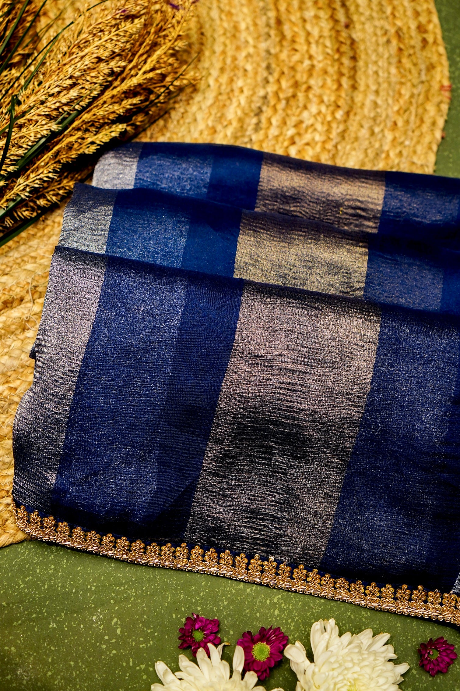 Handwoven Navy Blue Designer Organza Saree