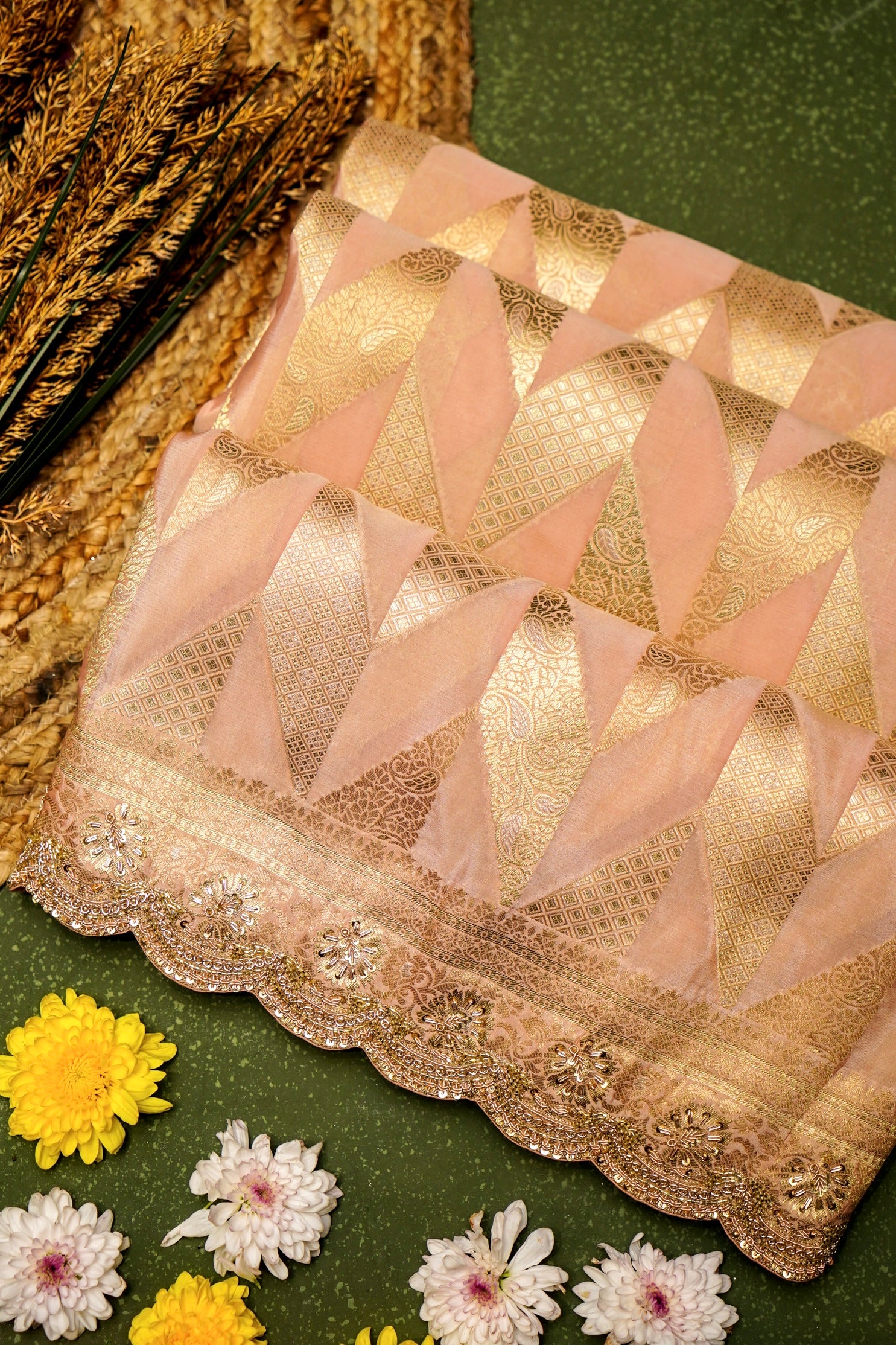 Designer Peach Banarasi Katan Silk Saree