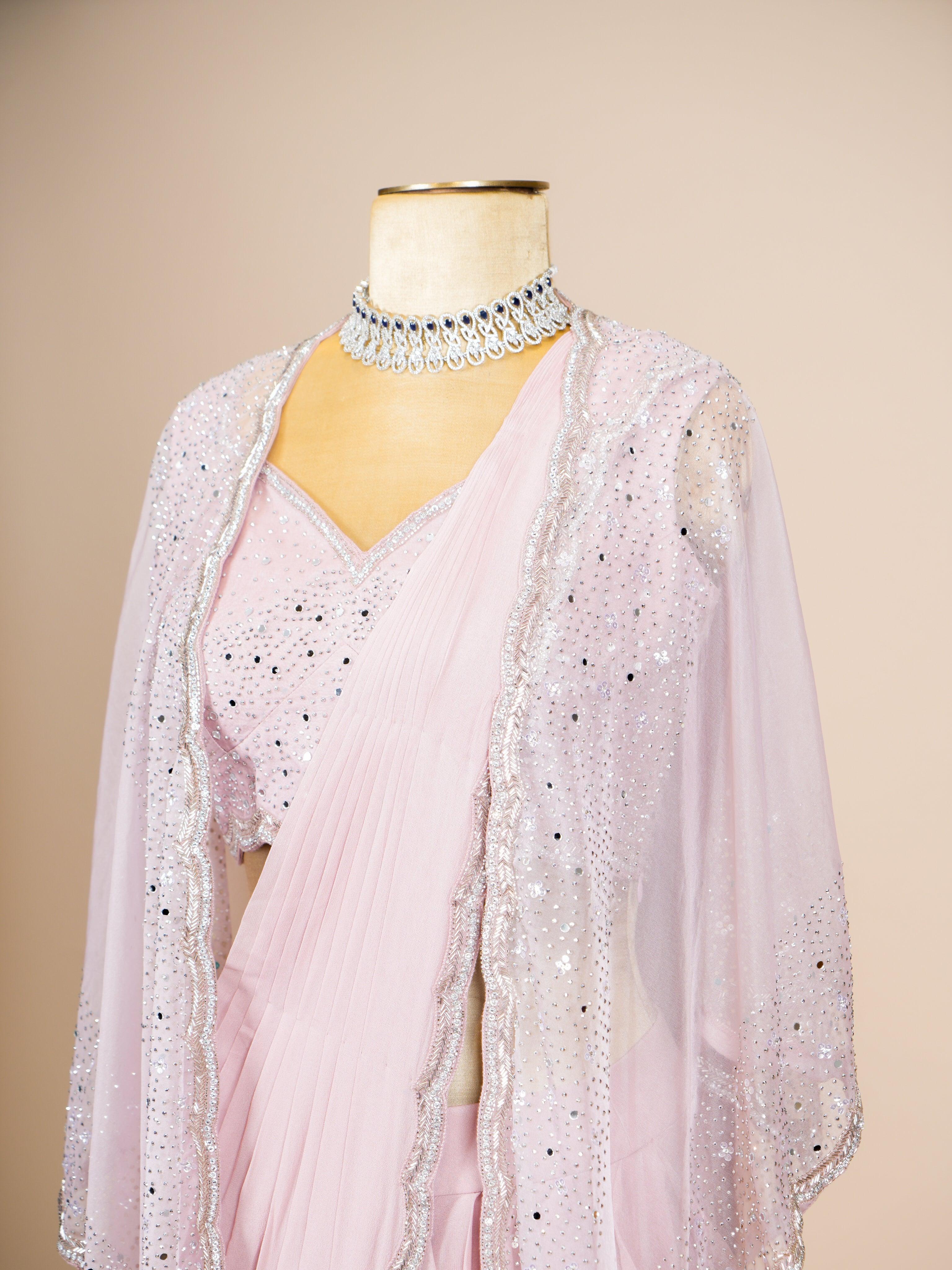 Designer Peach Crepe Silk Party Wear Drape Saree - Sumangal Ekam