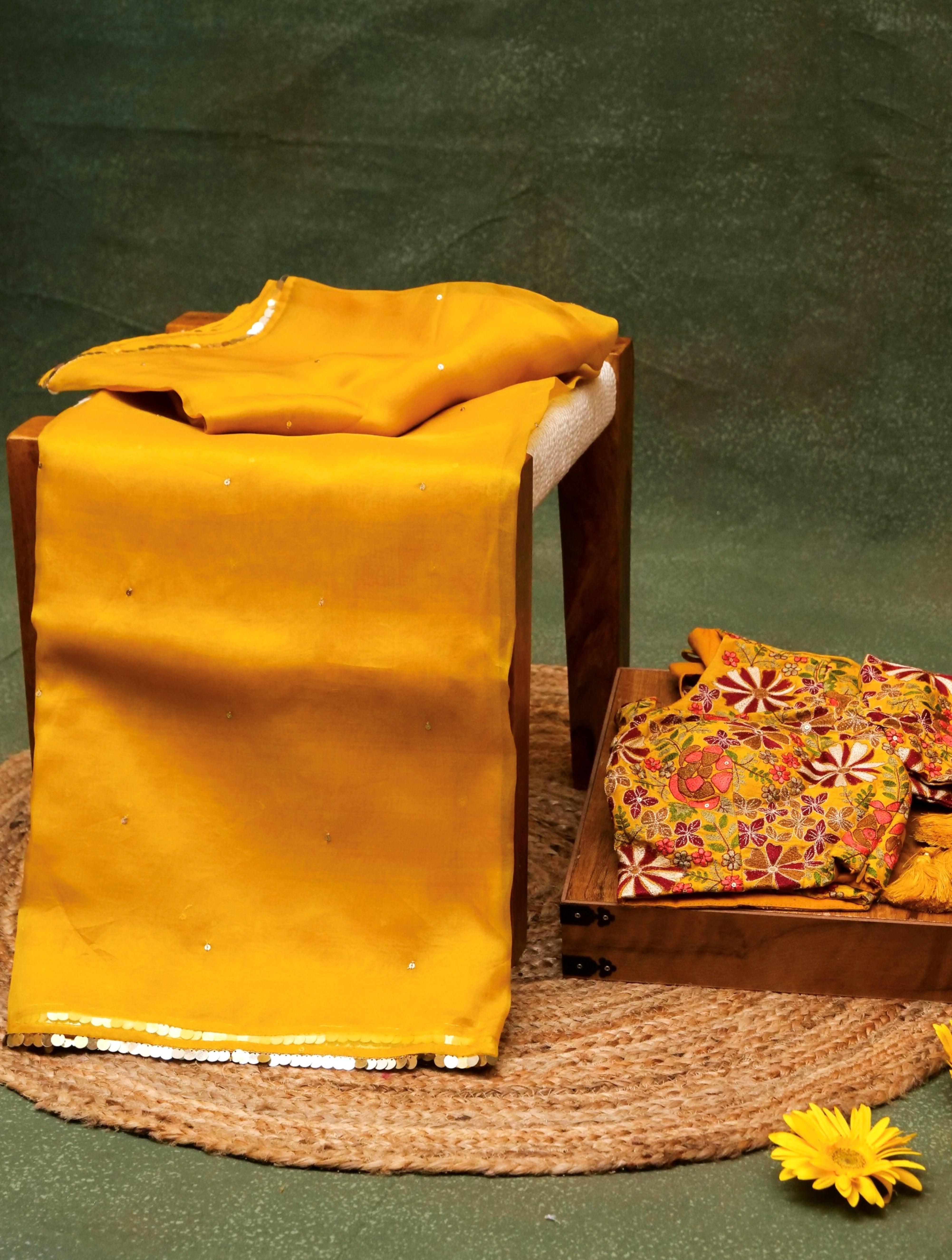 Designer Mustard Yellow Kora Silk Saree