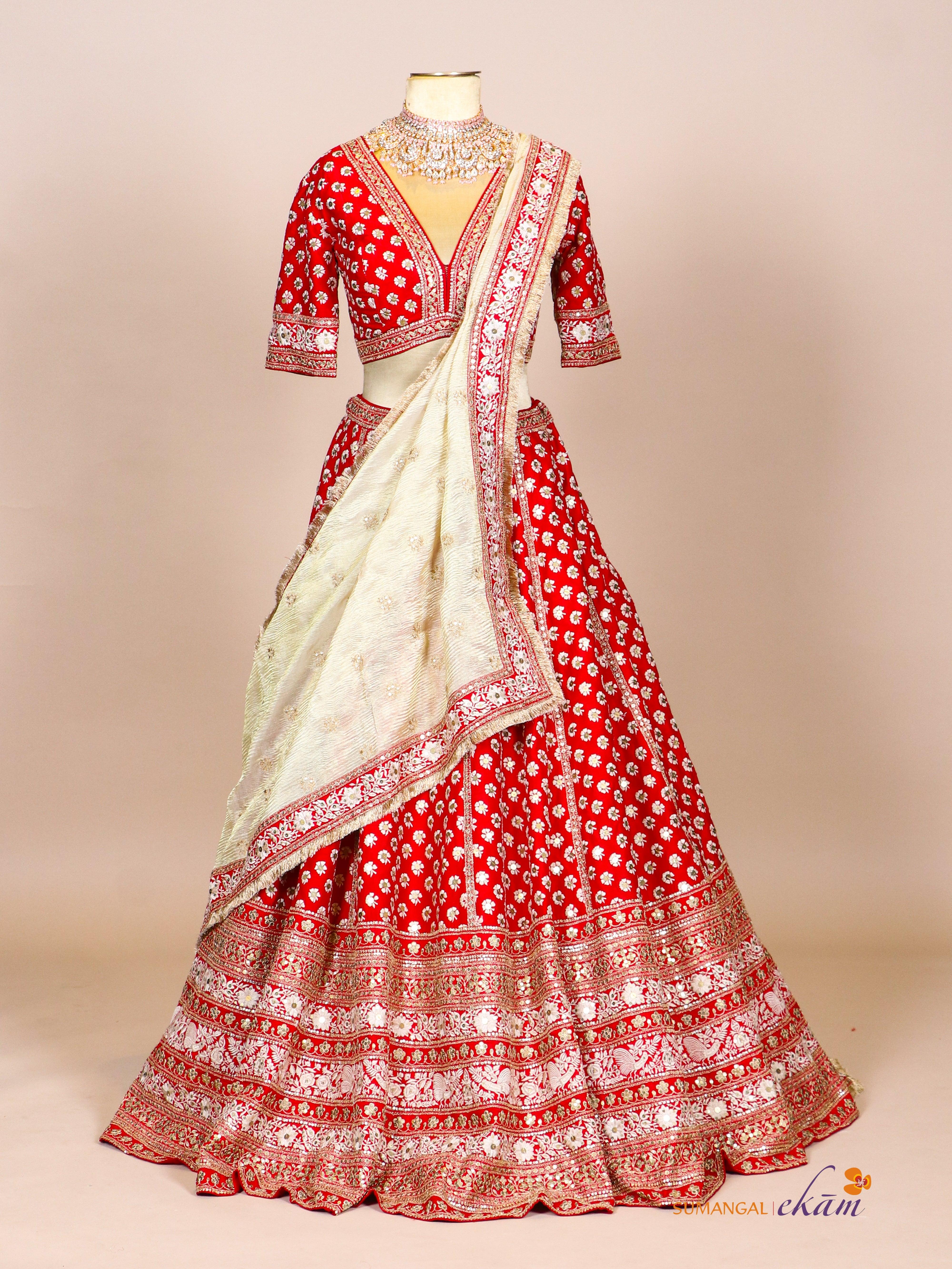 Designer Red Raw Silk Bridal Lehenga - Sumangal Ekam