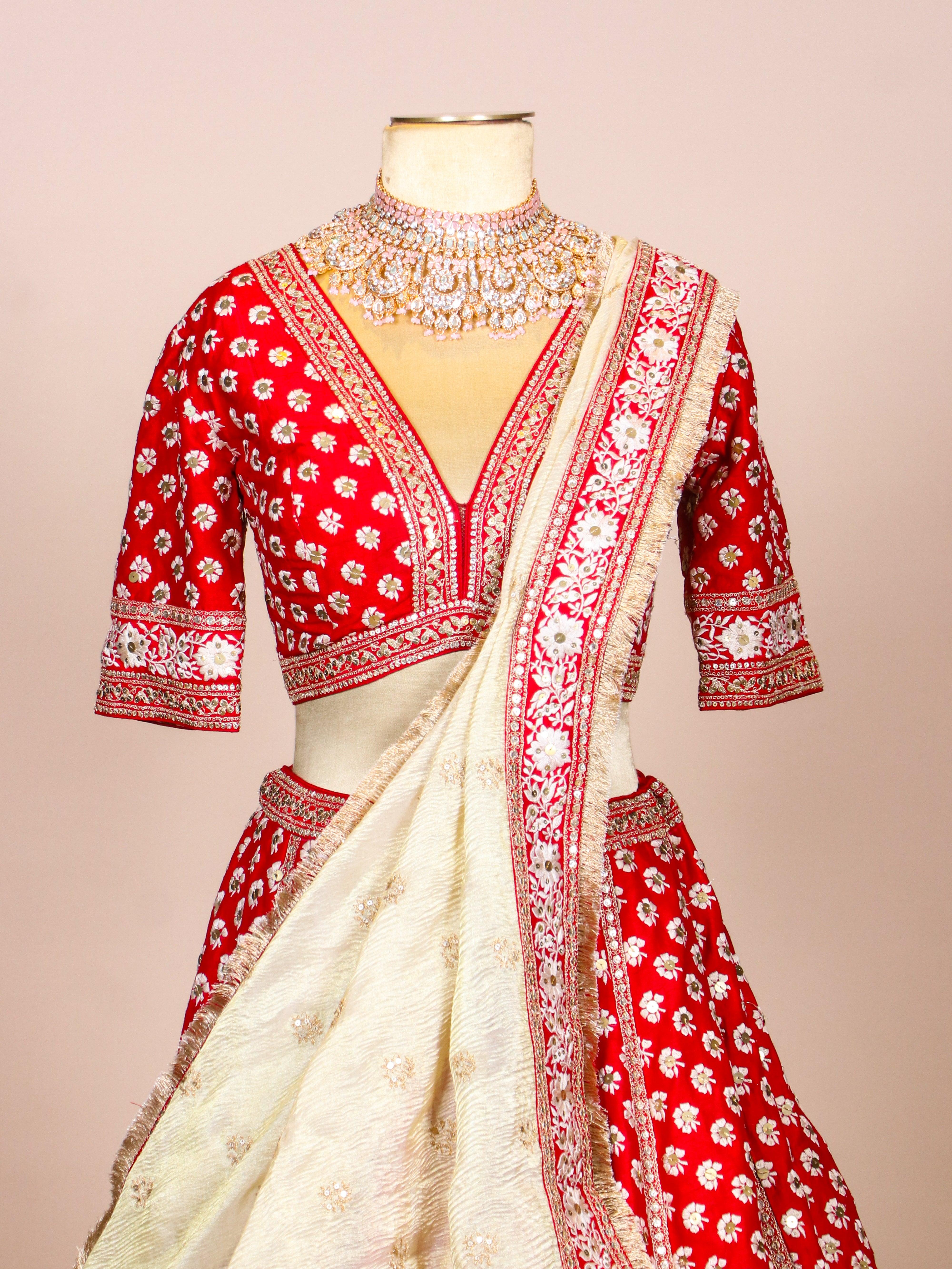 Designer Red Raw Silk Bridal Lehenga - Sumangal Ekam