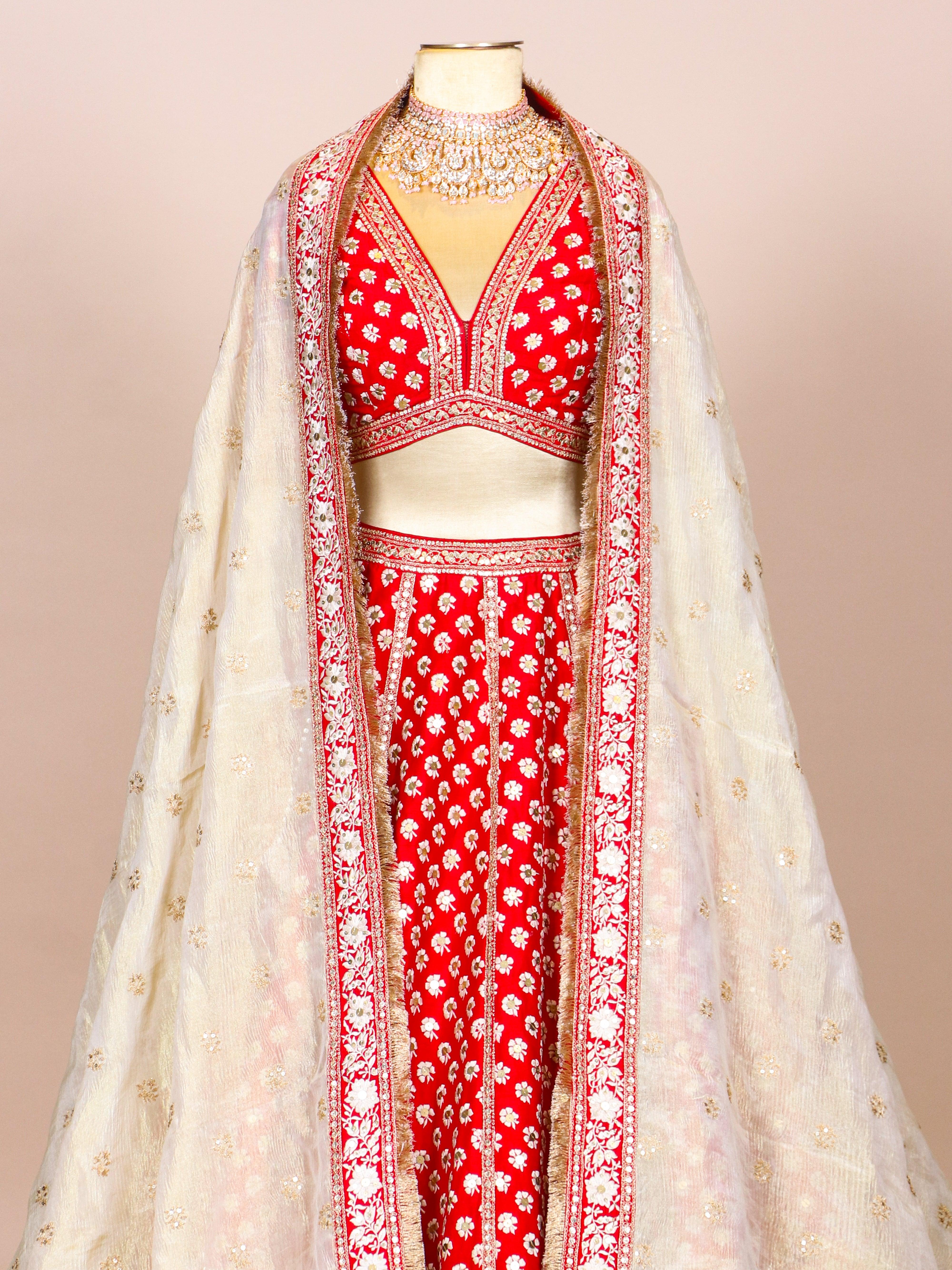 Designer Red Raw Silk Bridal Lehenga - Sumangal Ekam