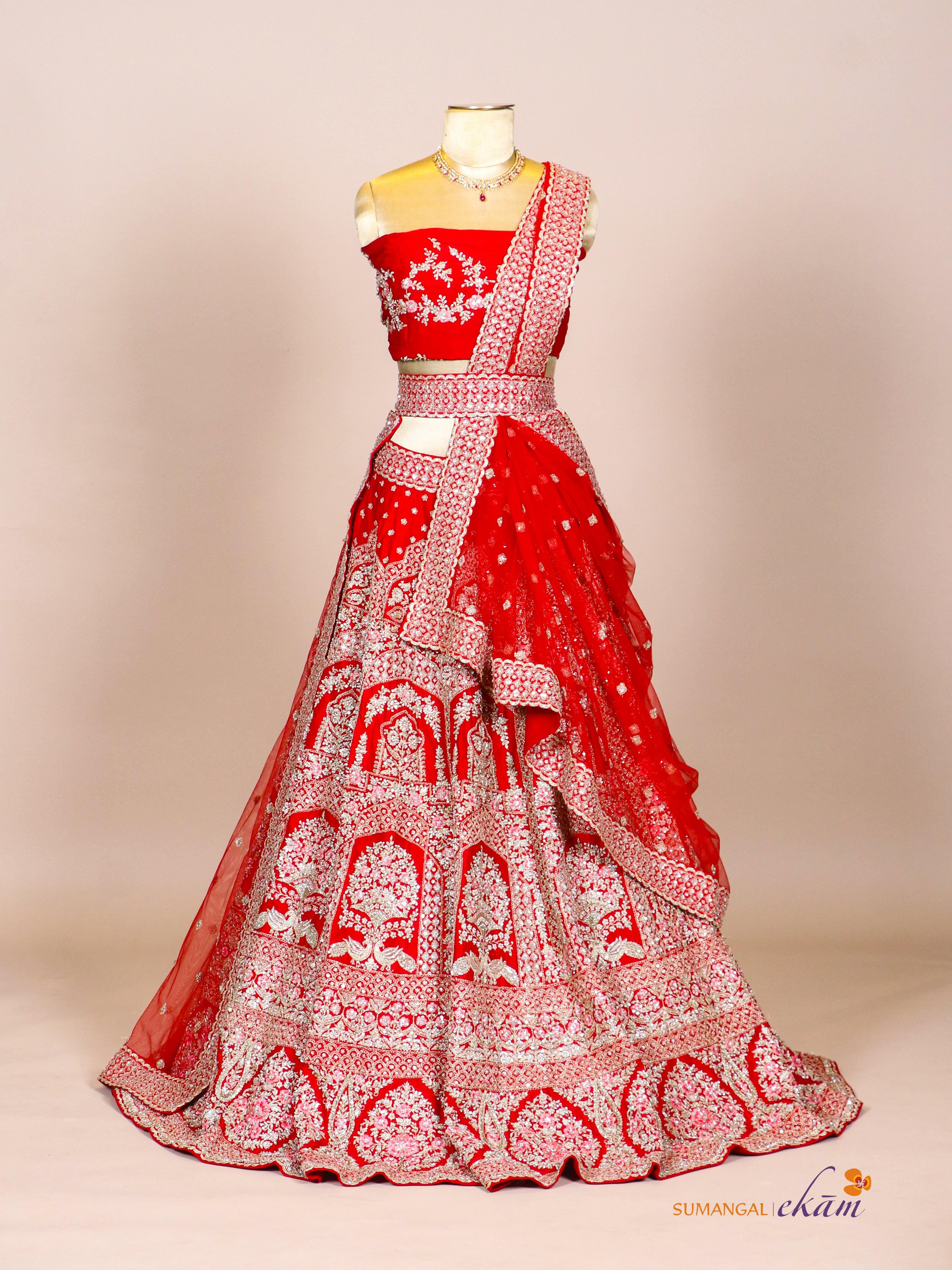 Designer Red Raw Silk Bridal Lehenga - Sumangal Ekam