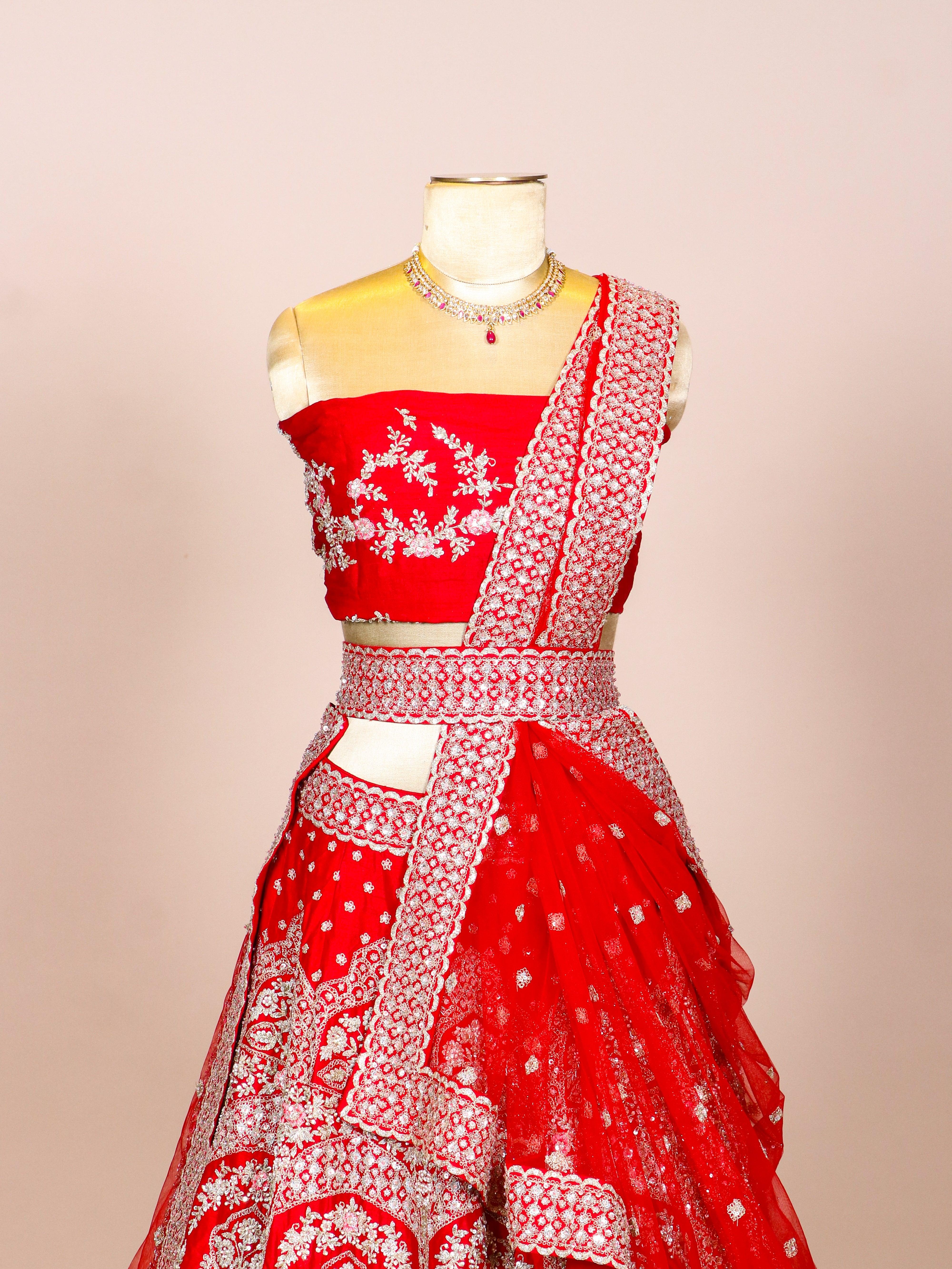 Designer Red Raw Silk Bridal Lehenga - Sumangal Ekam