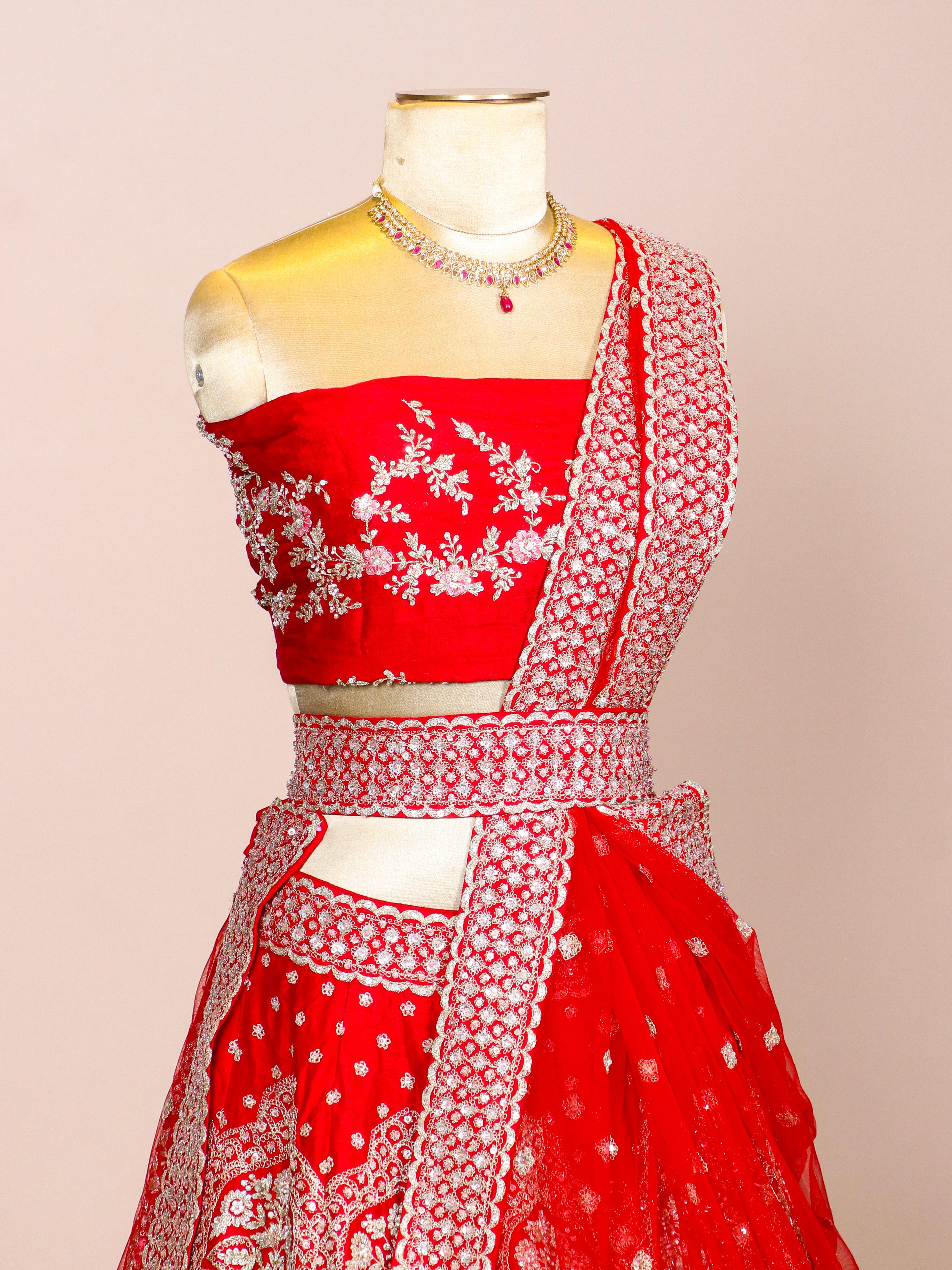 Designer Red Raw Silk Bridal Lehenga - Sumangal Ekam