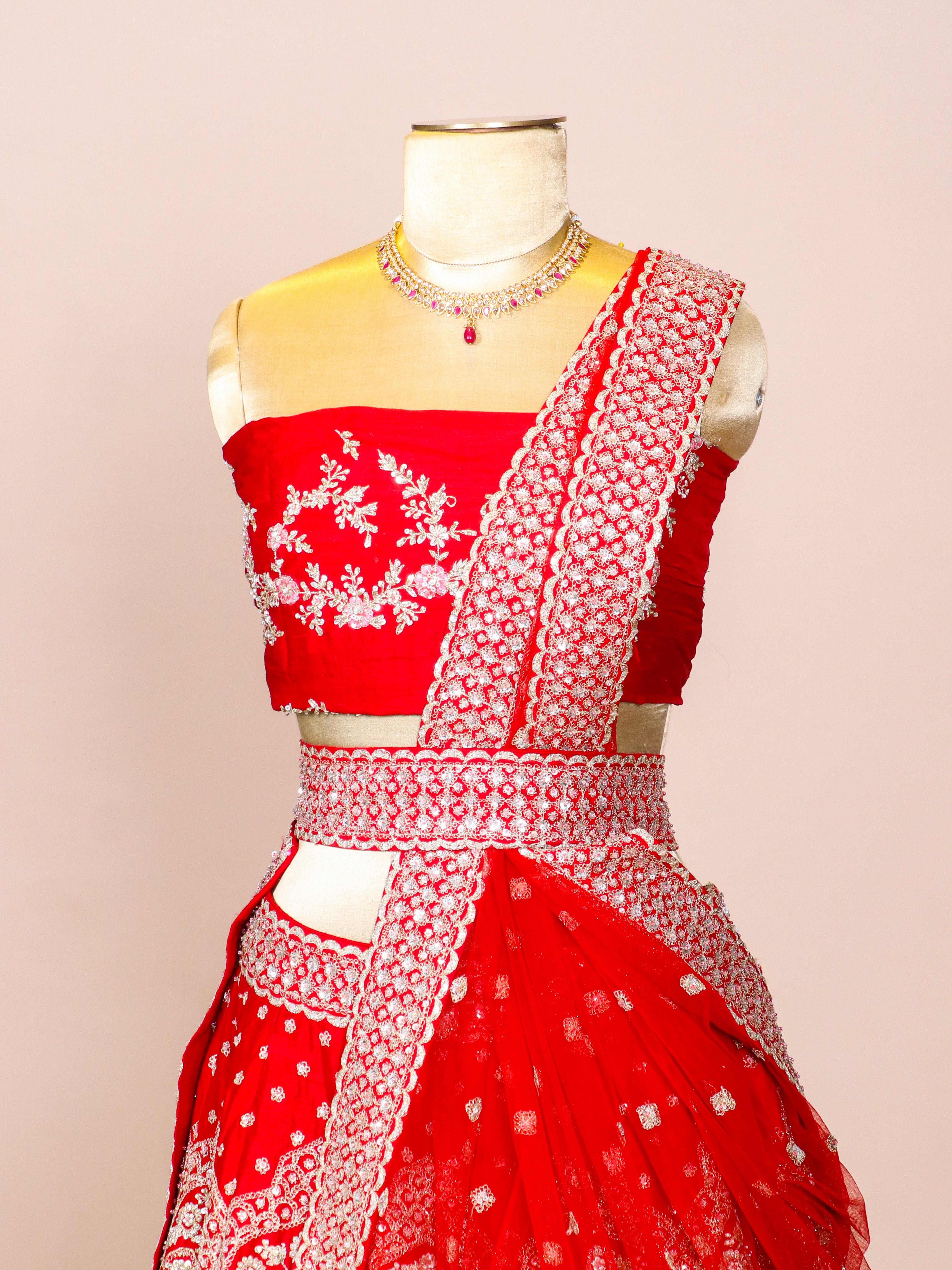 Designer Red Raw Silk Bridal Lehenga - Sumangal Ekam