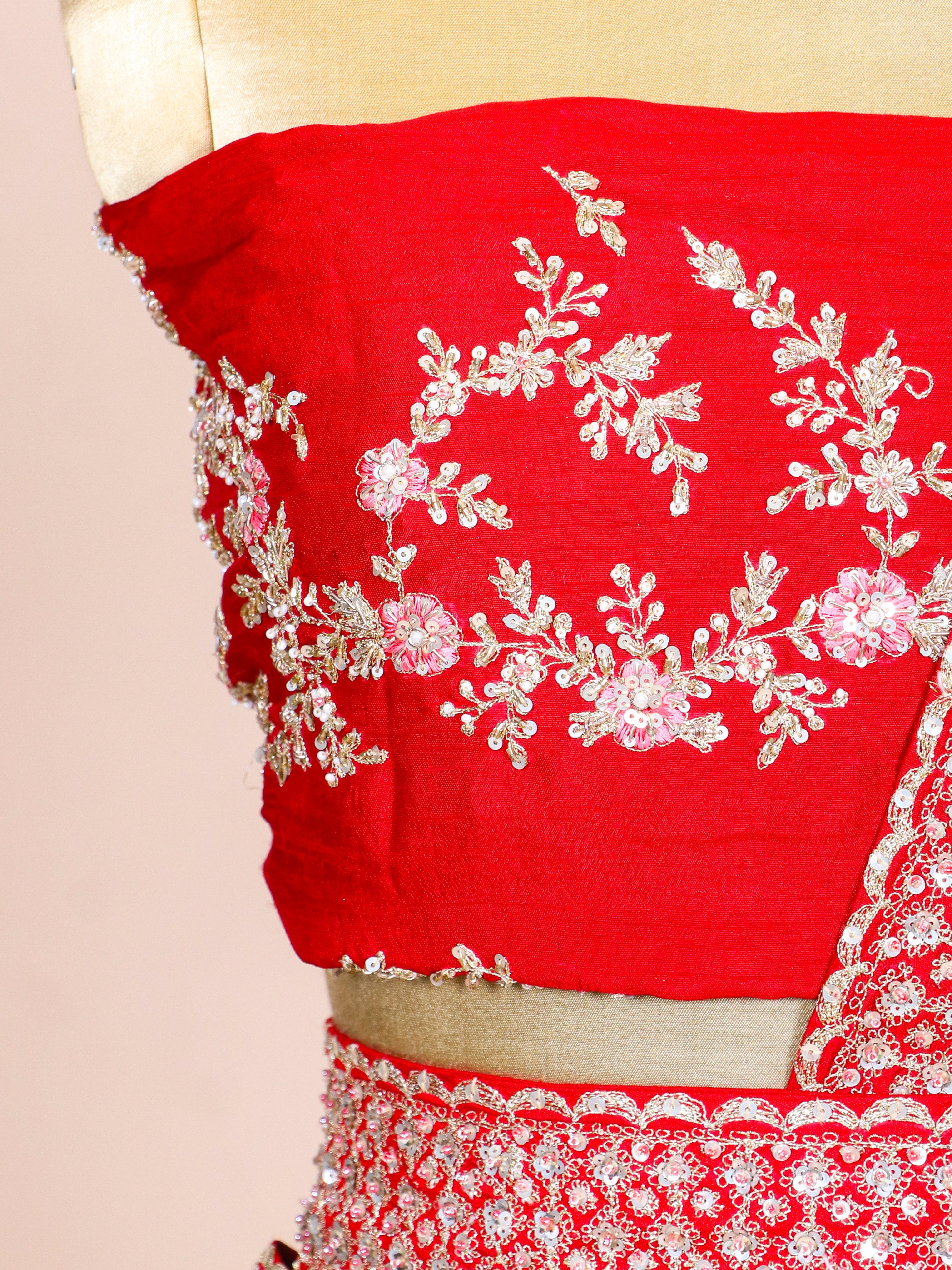 Designer Red Raw Silk Bridal Lehenga - Sumangal Ekam