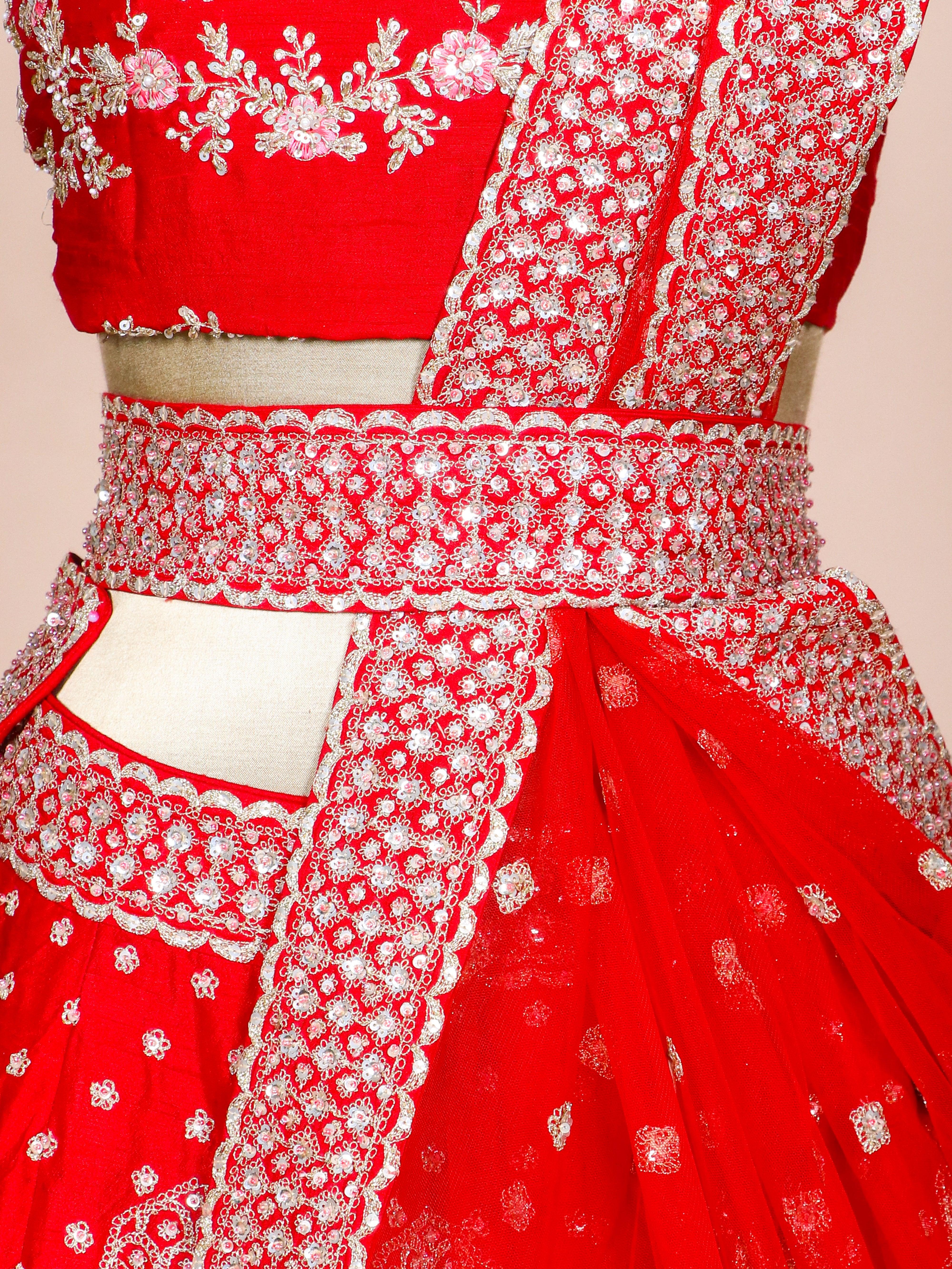 Designer Red Raw Silk Bridal Lehenga - Sumangal Ekam