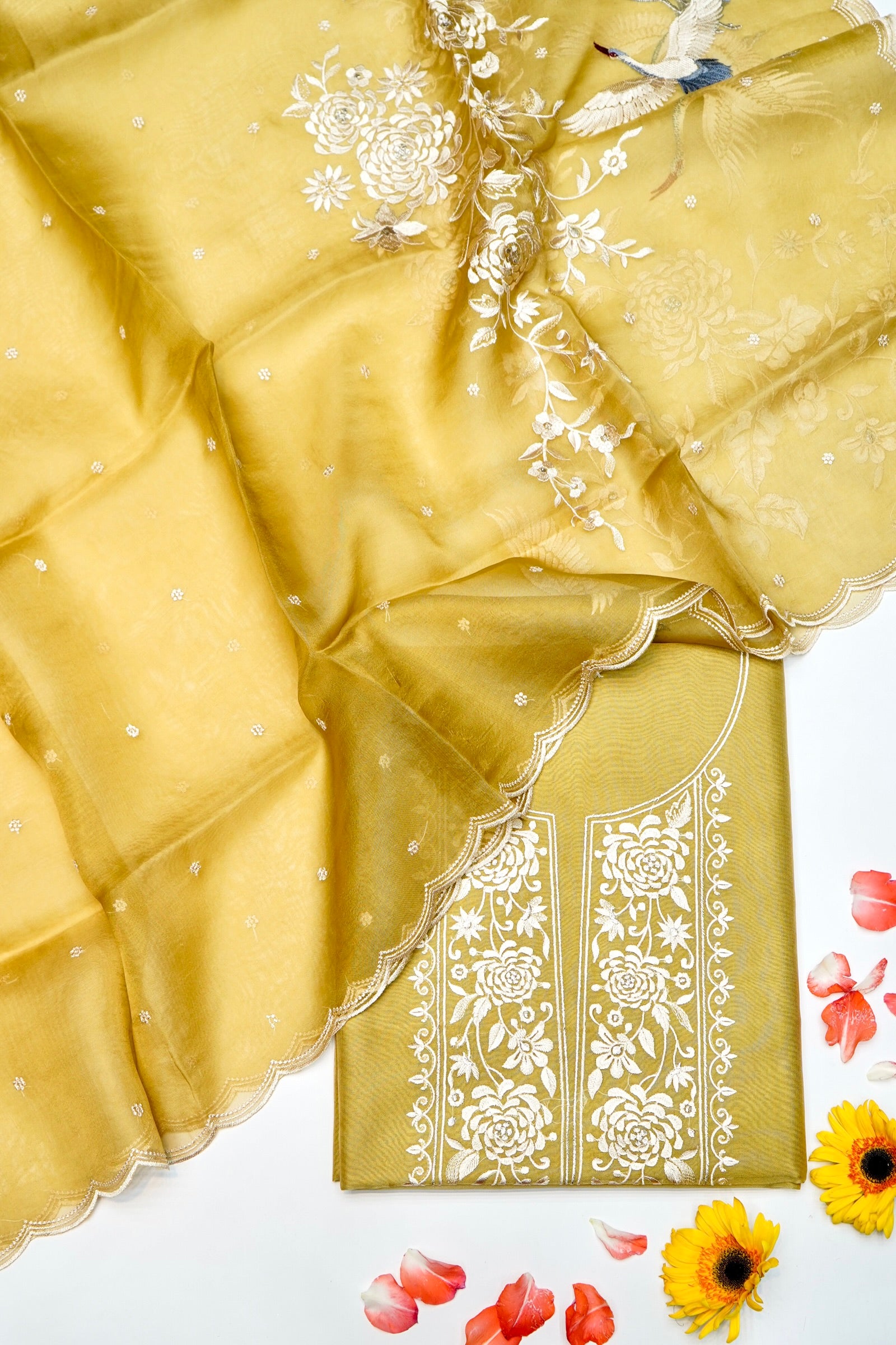 Designer Old Yellow Organza Silk Suit