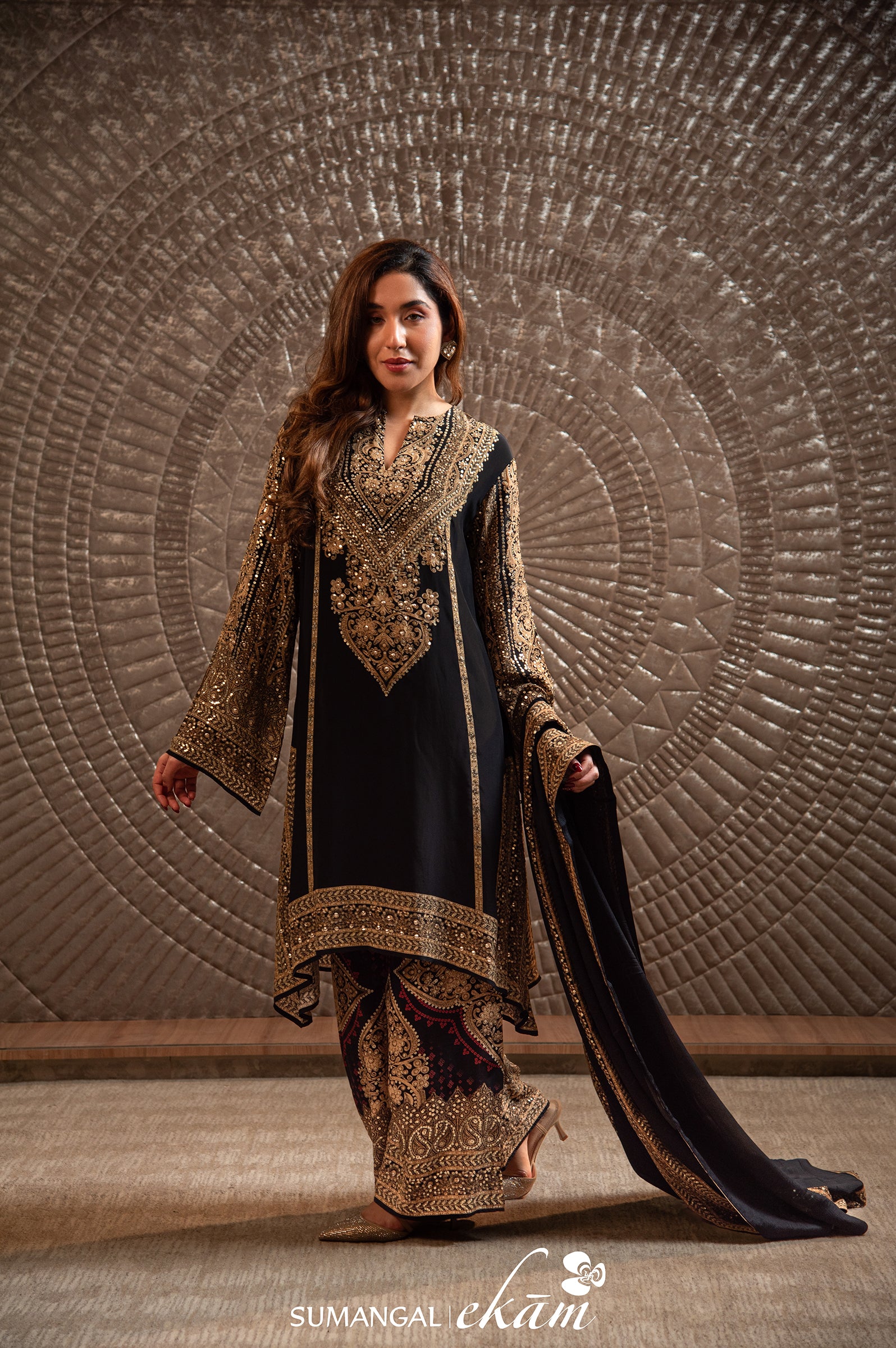 Designer Black Crepe Silk Suit Set