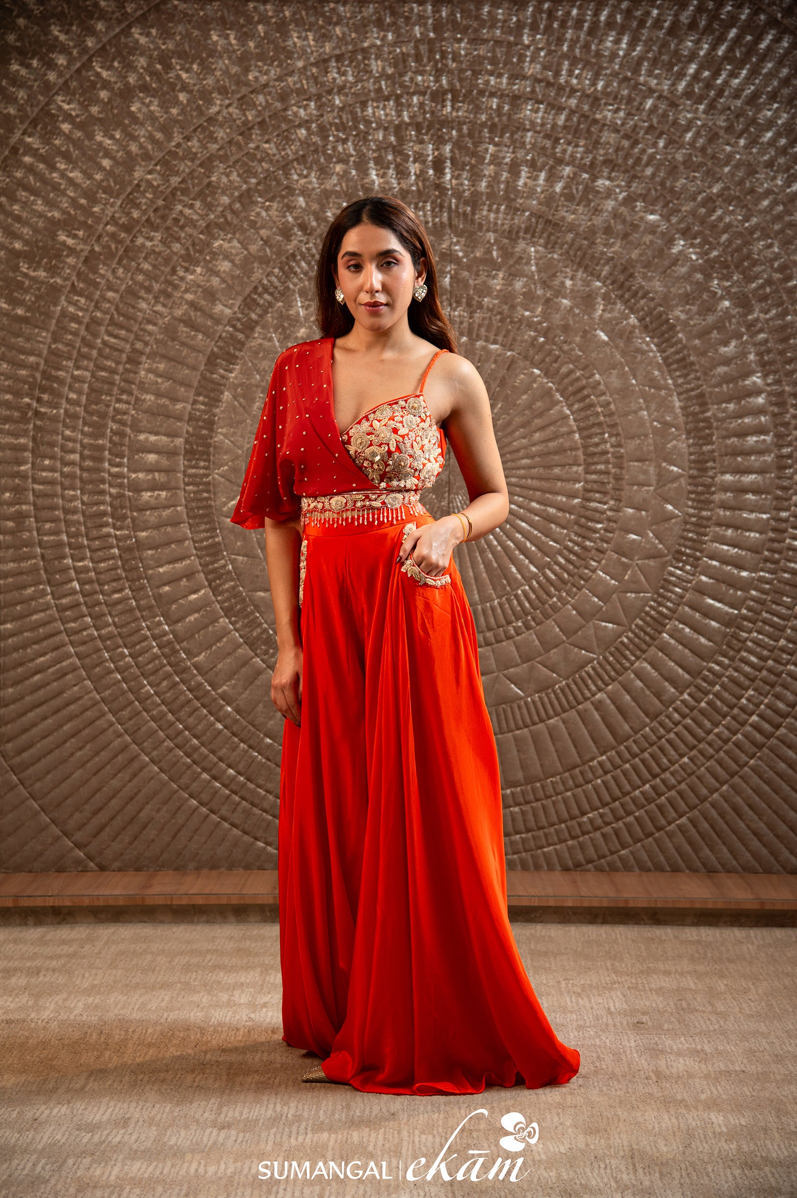 Designer Orange Muslin Silk Bridal Wear Crop Top