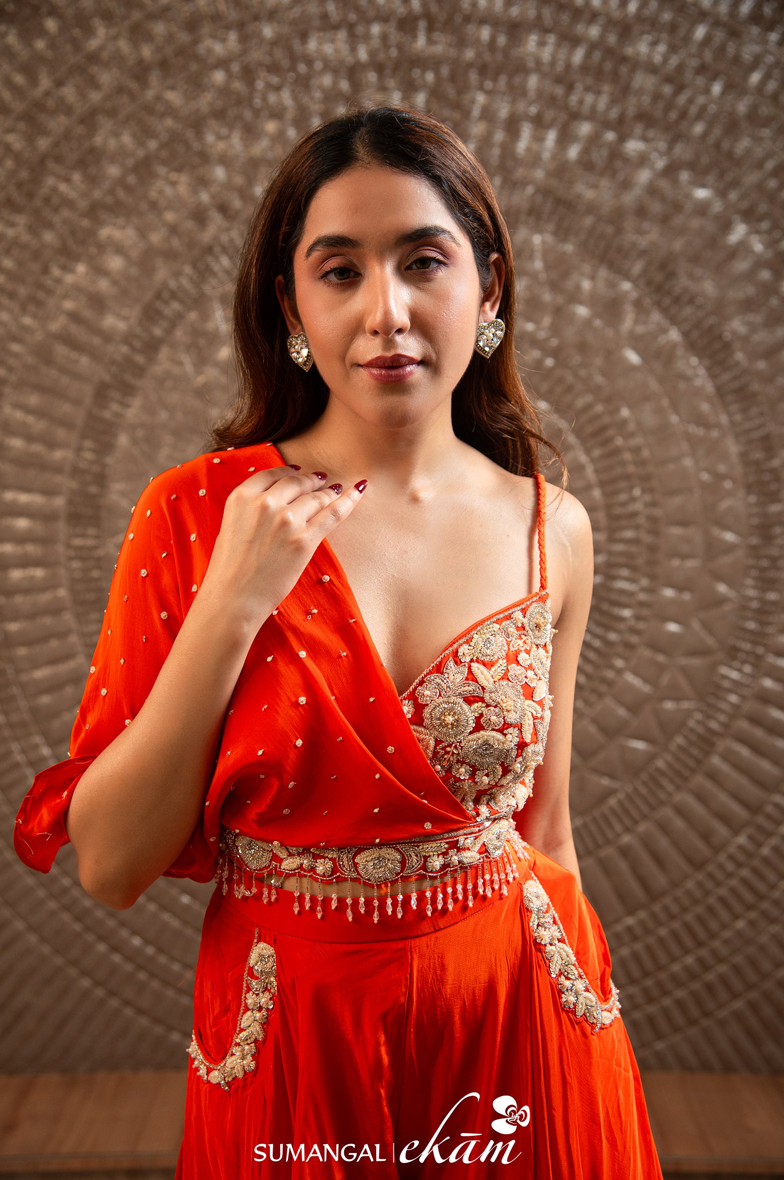 Designer Orange Muslin Silk Bridal Wear Crop Top