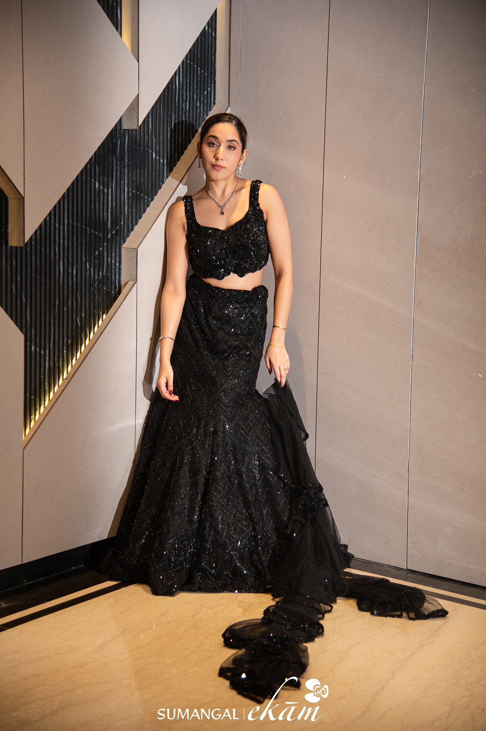 Designer Black Net Handwork Fish Cut Lehenga