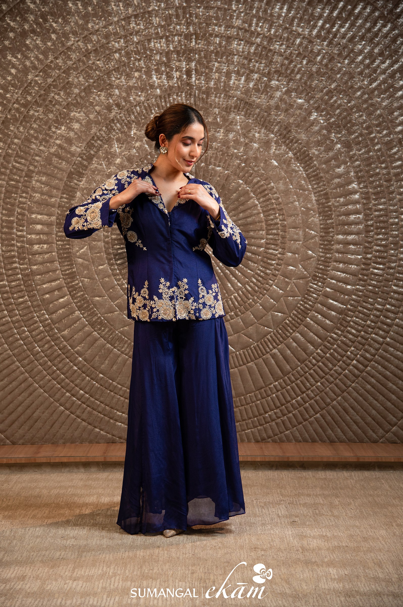 Designer Blue Crepe Silk Sharara Suit Set