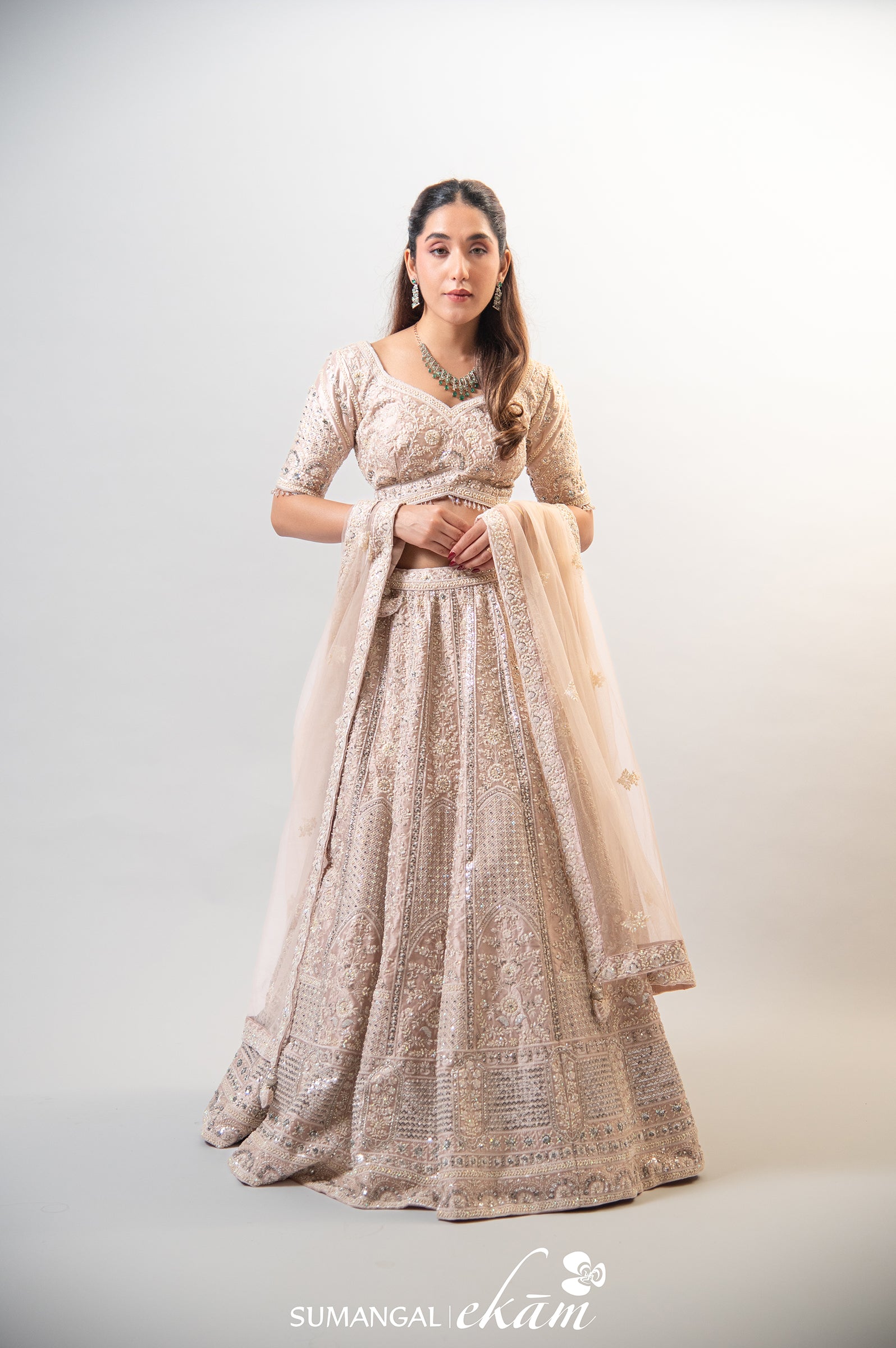 Designer Peach Net Handwork Lehenga