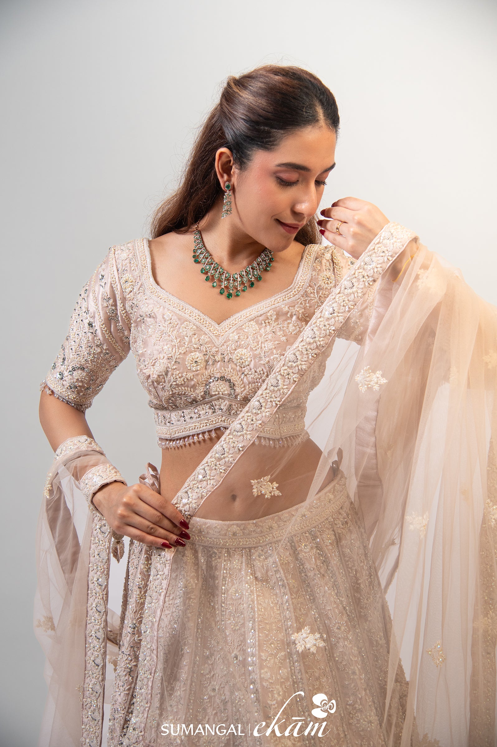 Designer Peach Net Handwork Lehenga