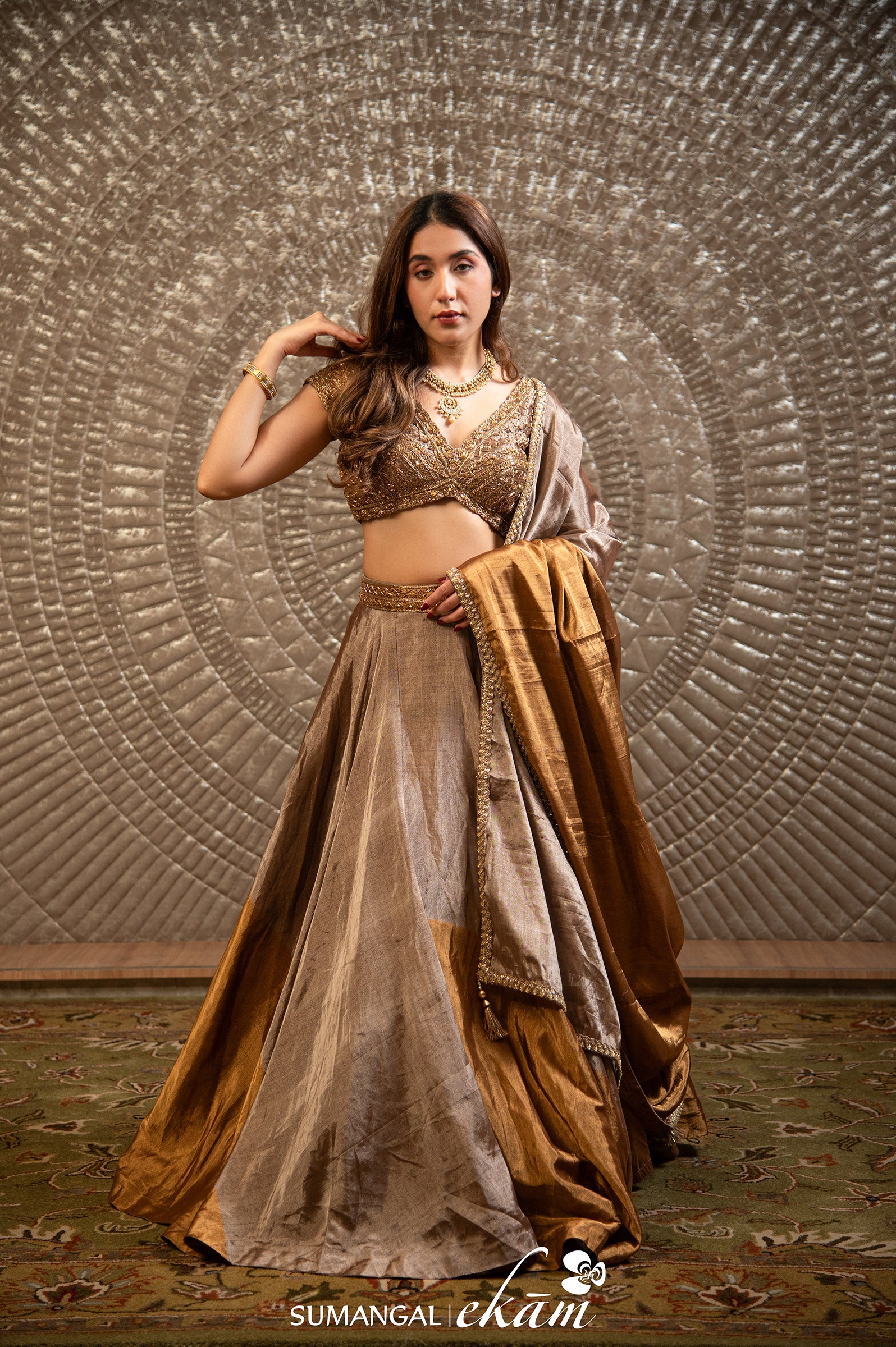 Designer Golden Silver Tissue Silk Lehenga