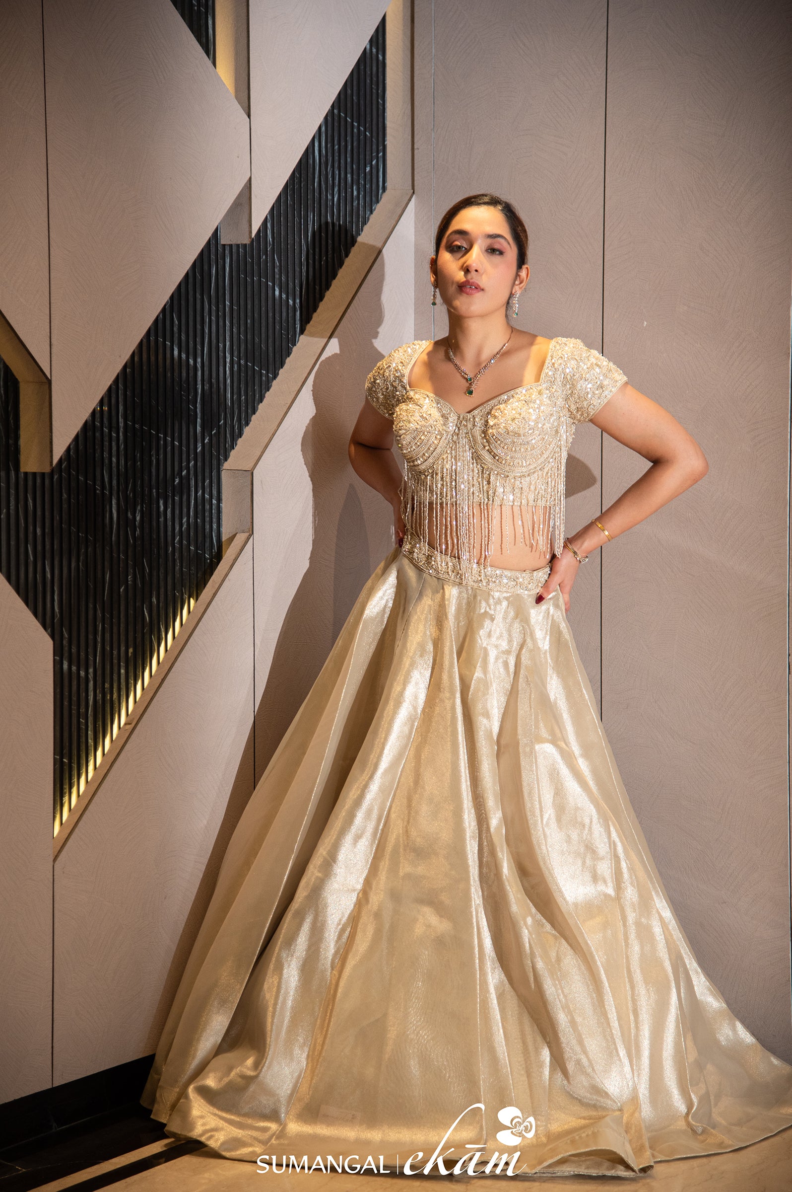 Designer Golden Tissue Silk Crop Top