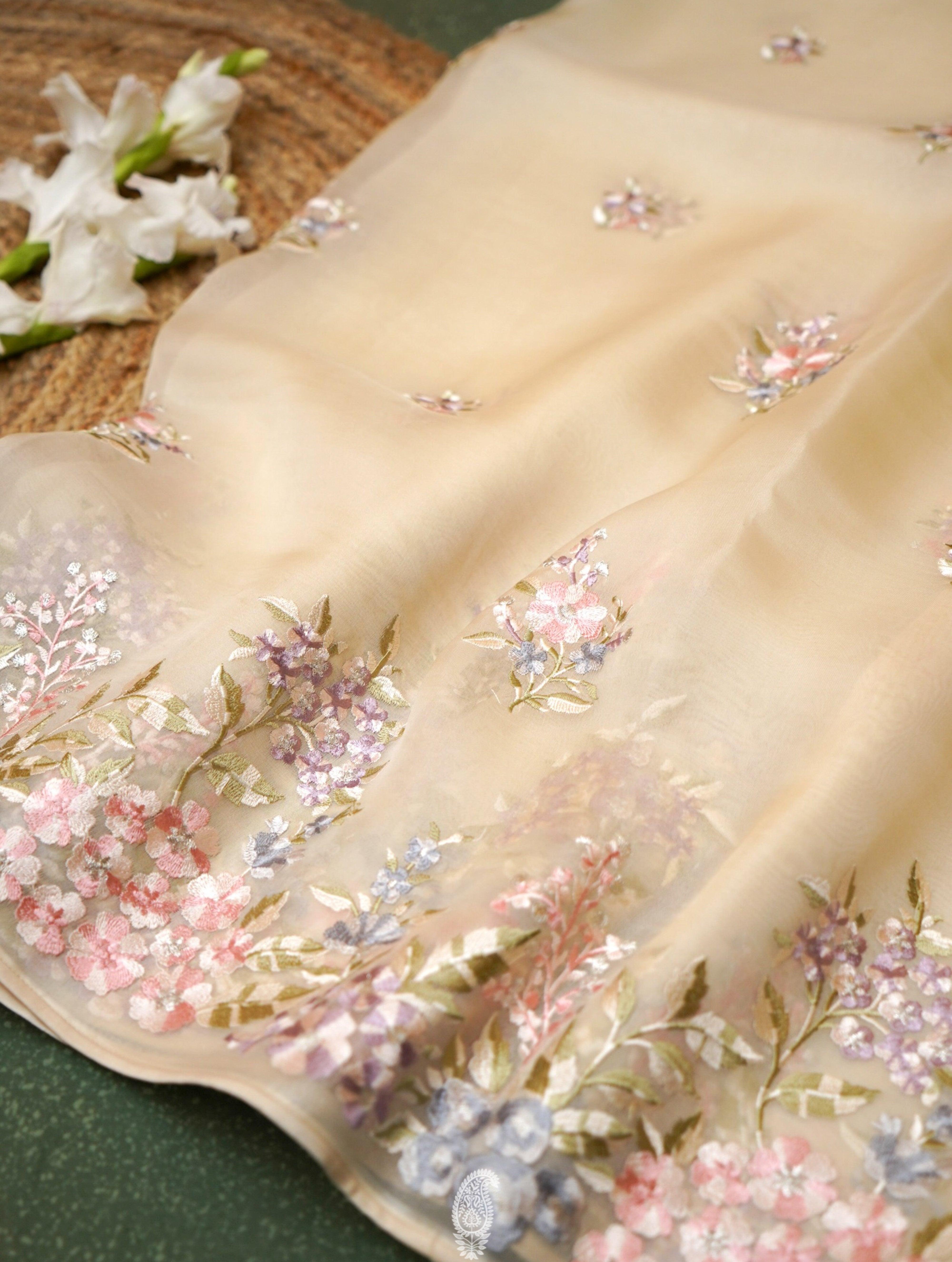  Designer Cream Organza Silk Saree
