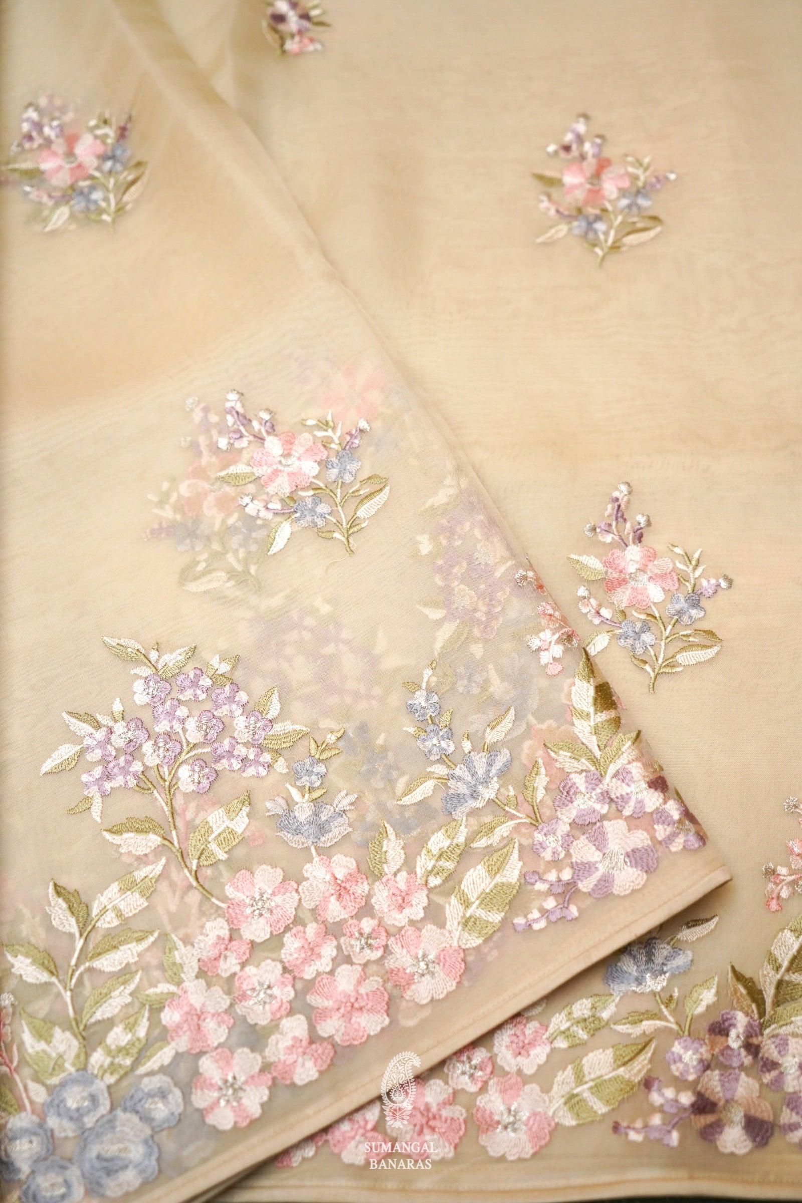  Designer Cream Organza Silk Saree
