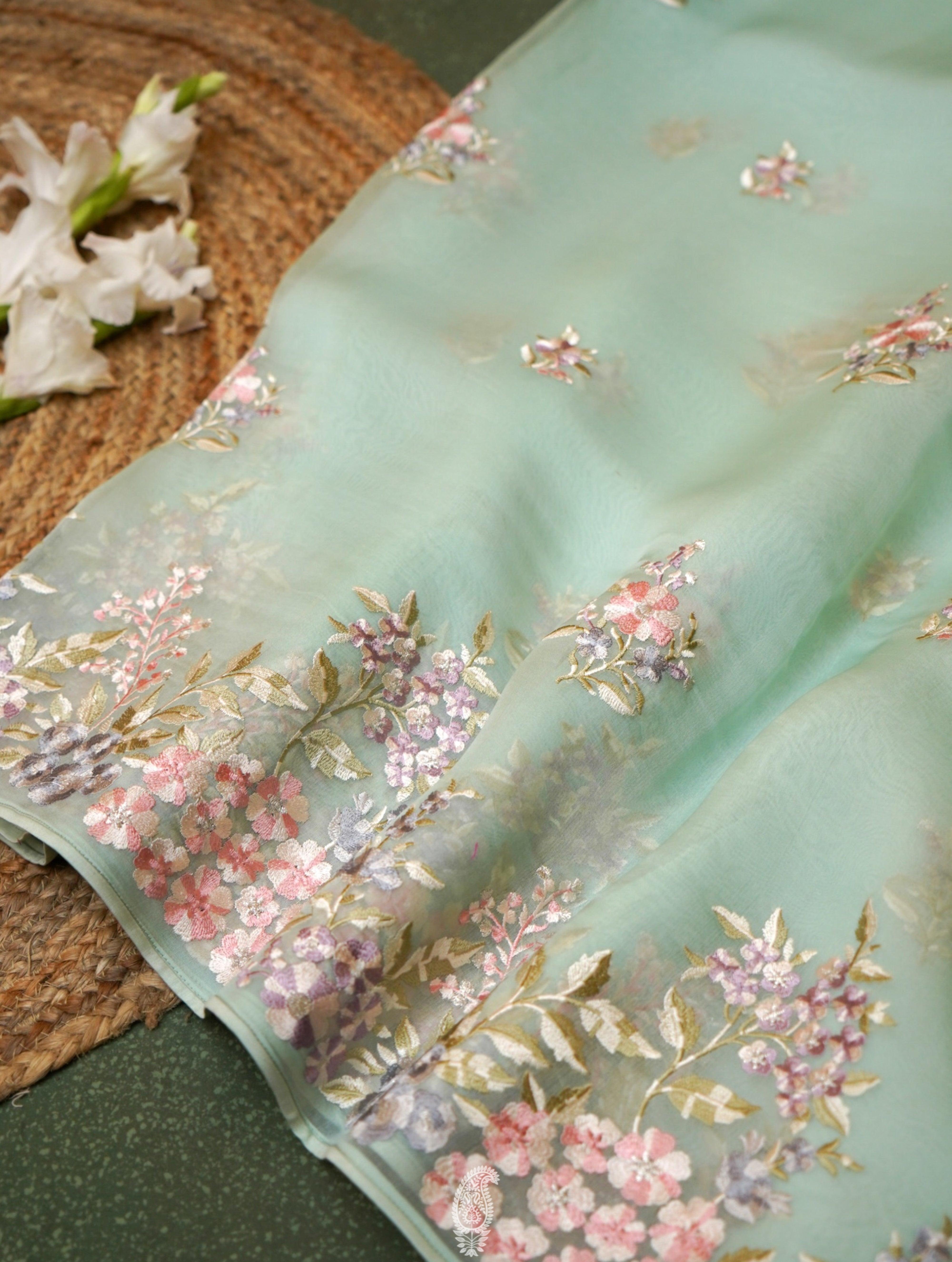  Designer Sea Green Organza Silk Saree