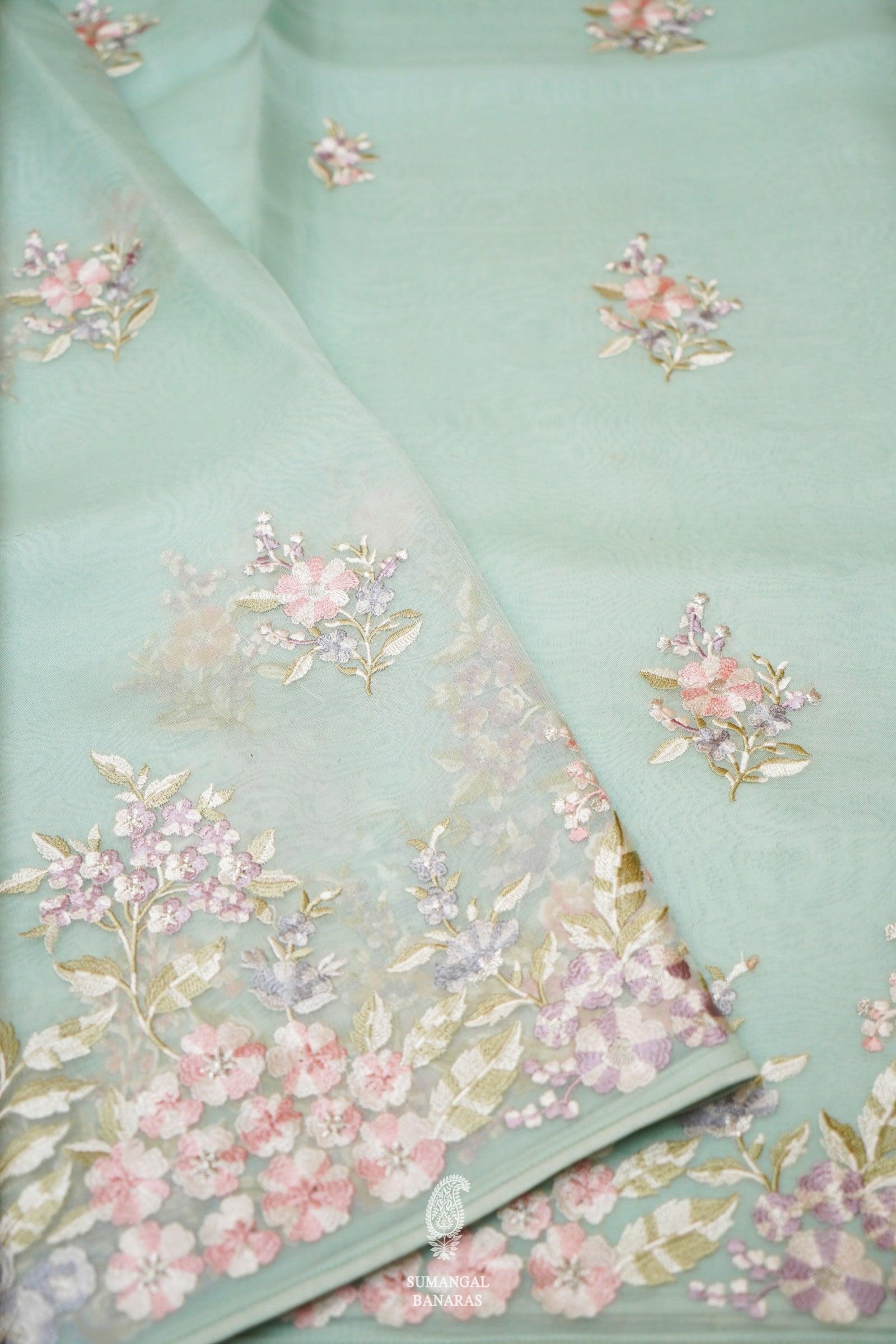  Designer Sea Green Organza Silk Saree
