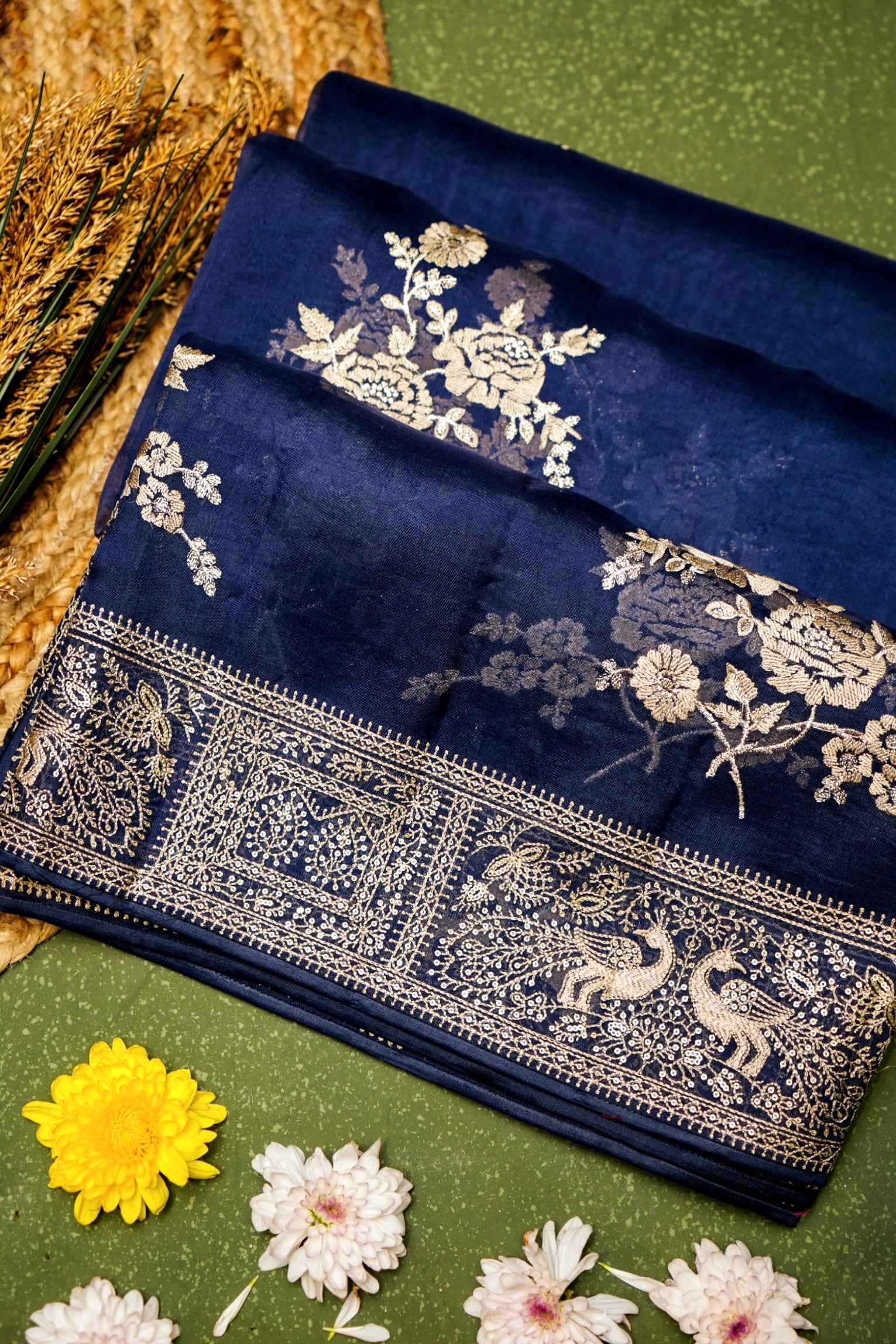 Designer Navy Blue Organza Silk Saree