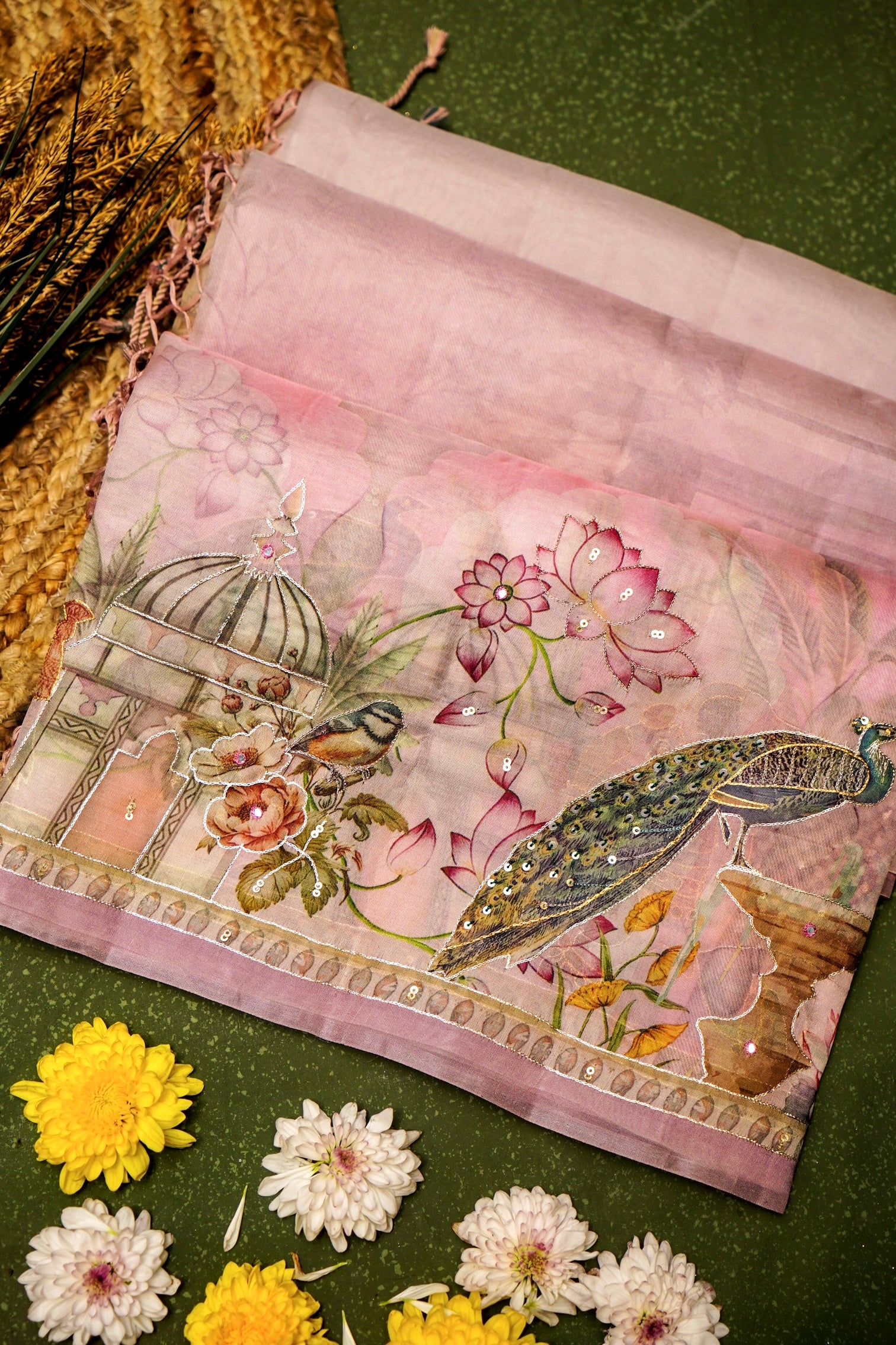Designer Pink Organza Silk Saree