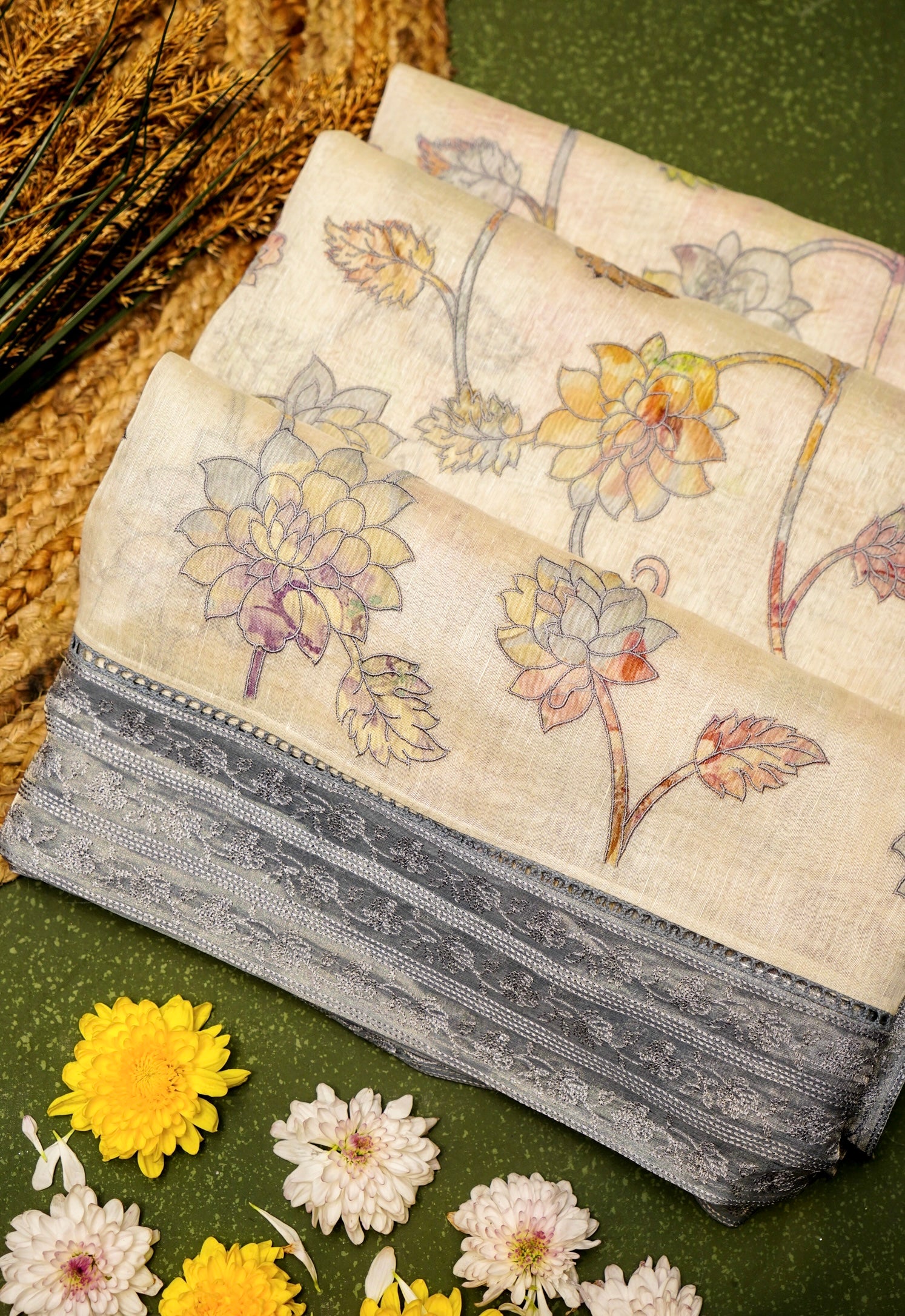 Designer White Linen Silk Saree