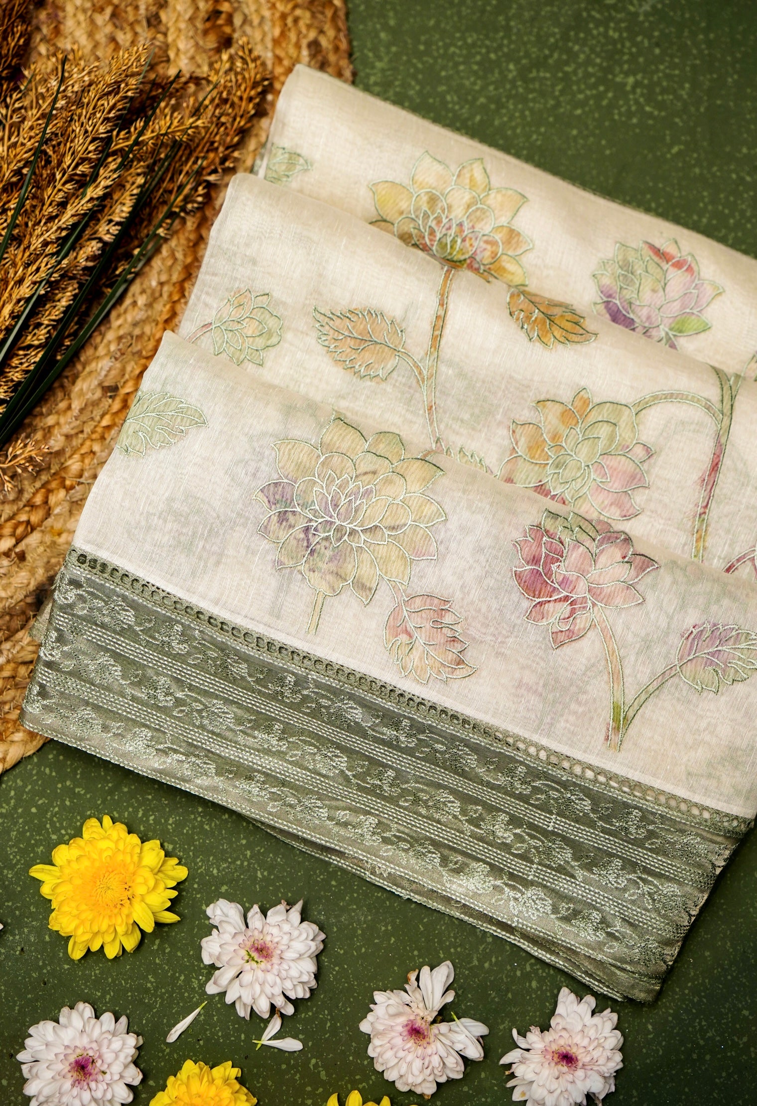 Designer White Linen Silk Saree