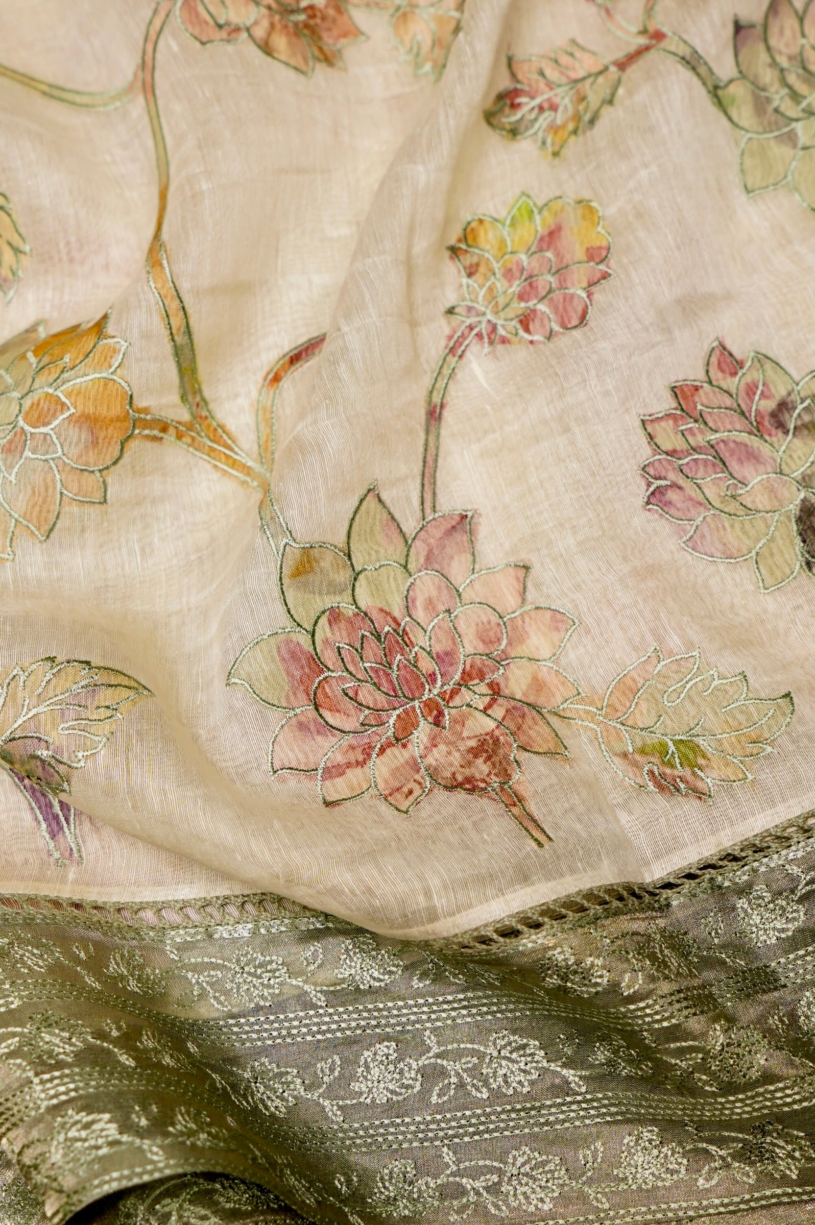 Designer White Linen Silk Saree
