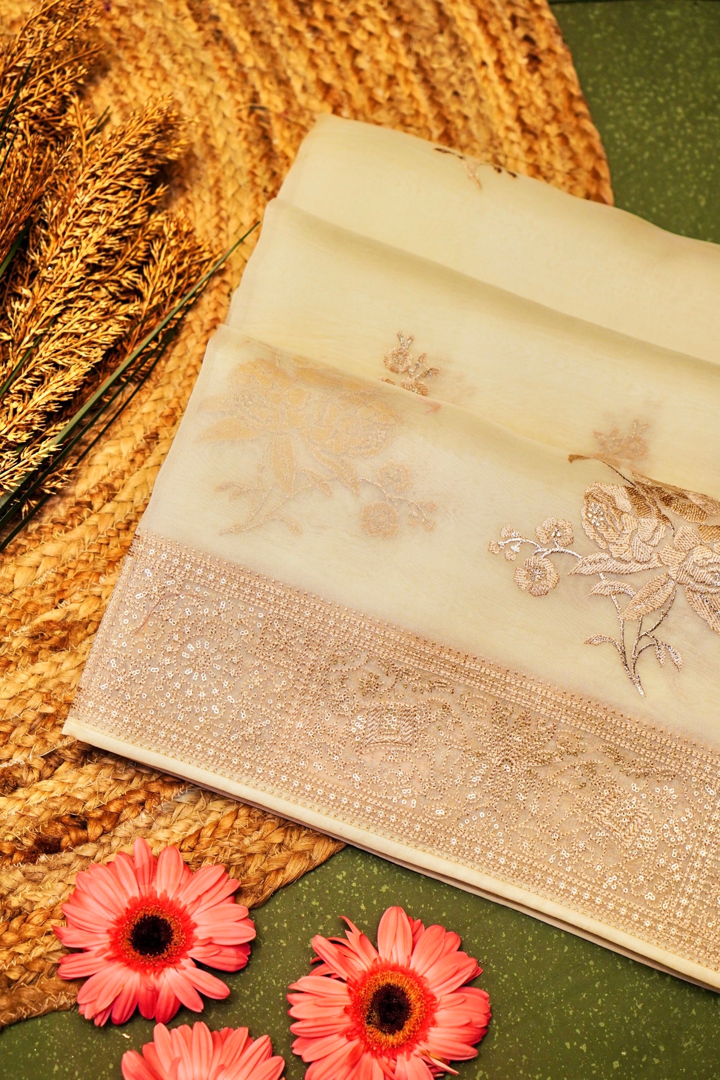 Designer Beige Organza Saree