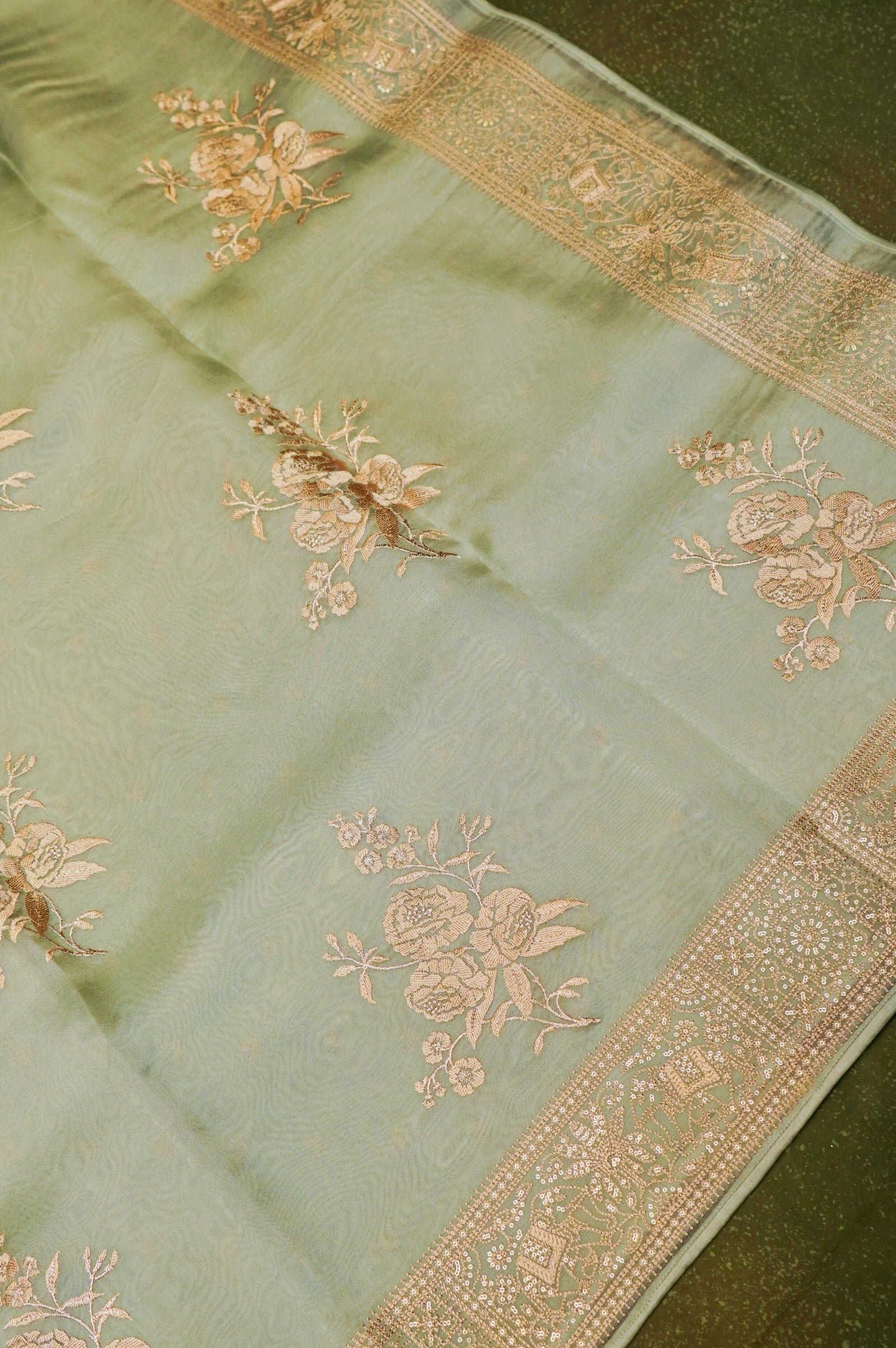 Designer Sage Green Organza Saree