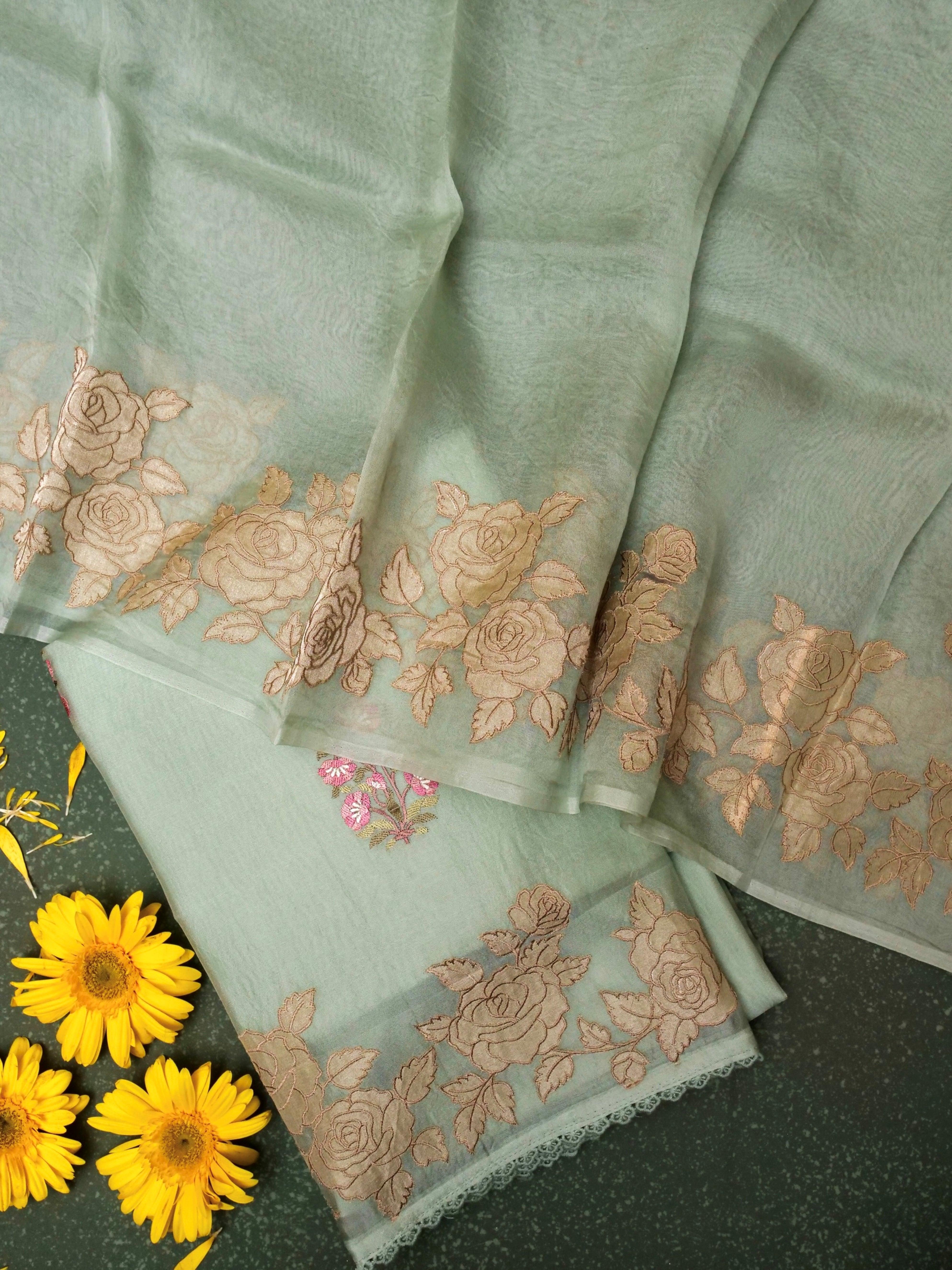 Designer Sage Green Kora Silk Suit