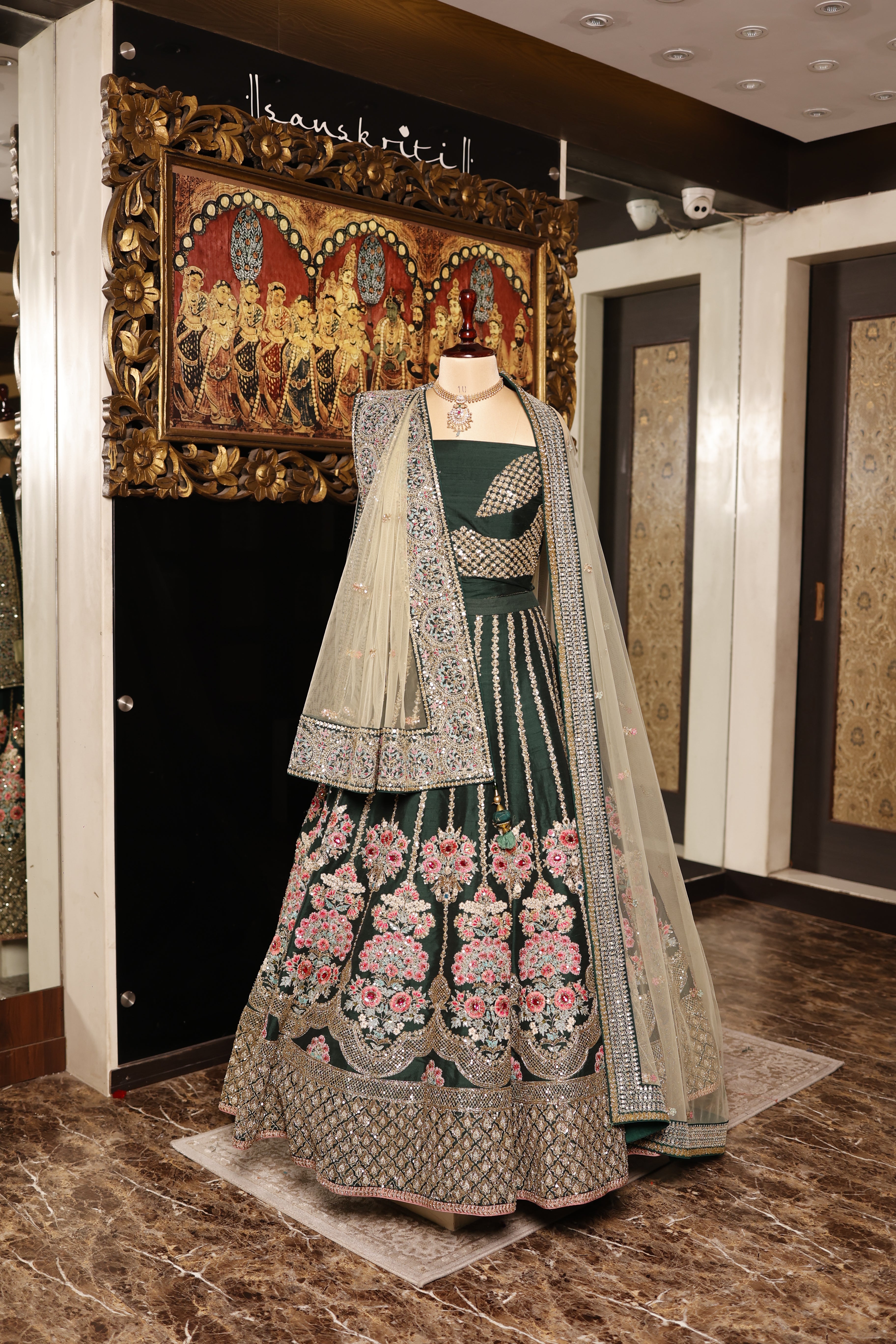 Designer Bottle Green Raw Silk Mehendi Lehenga