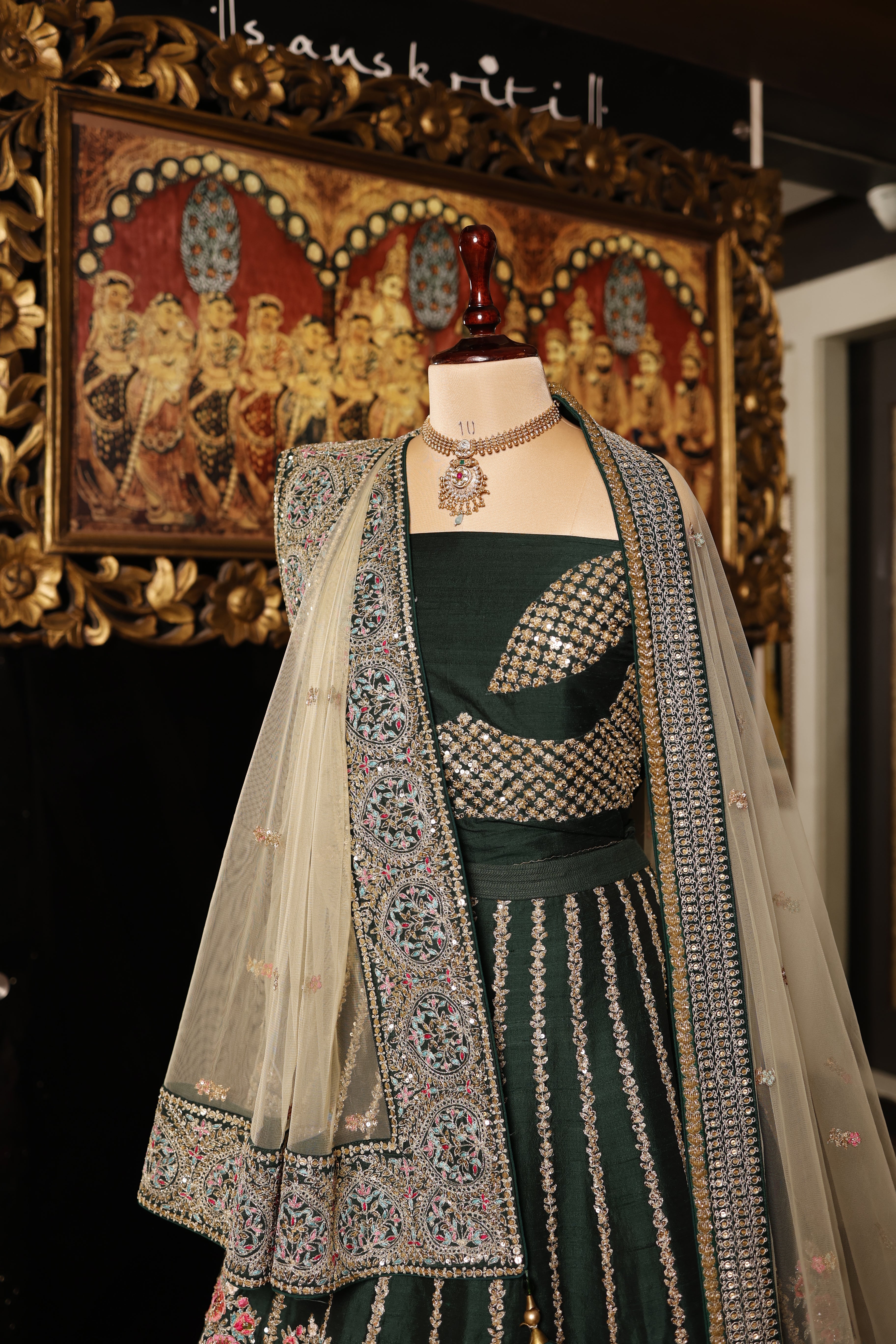 Designer Bottle Green Raw Silk Mehendi Lehenga