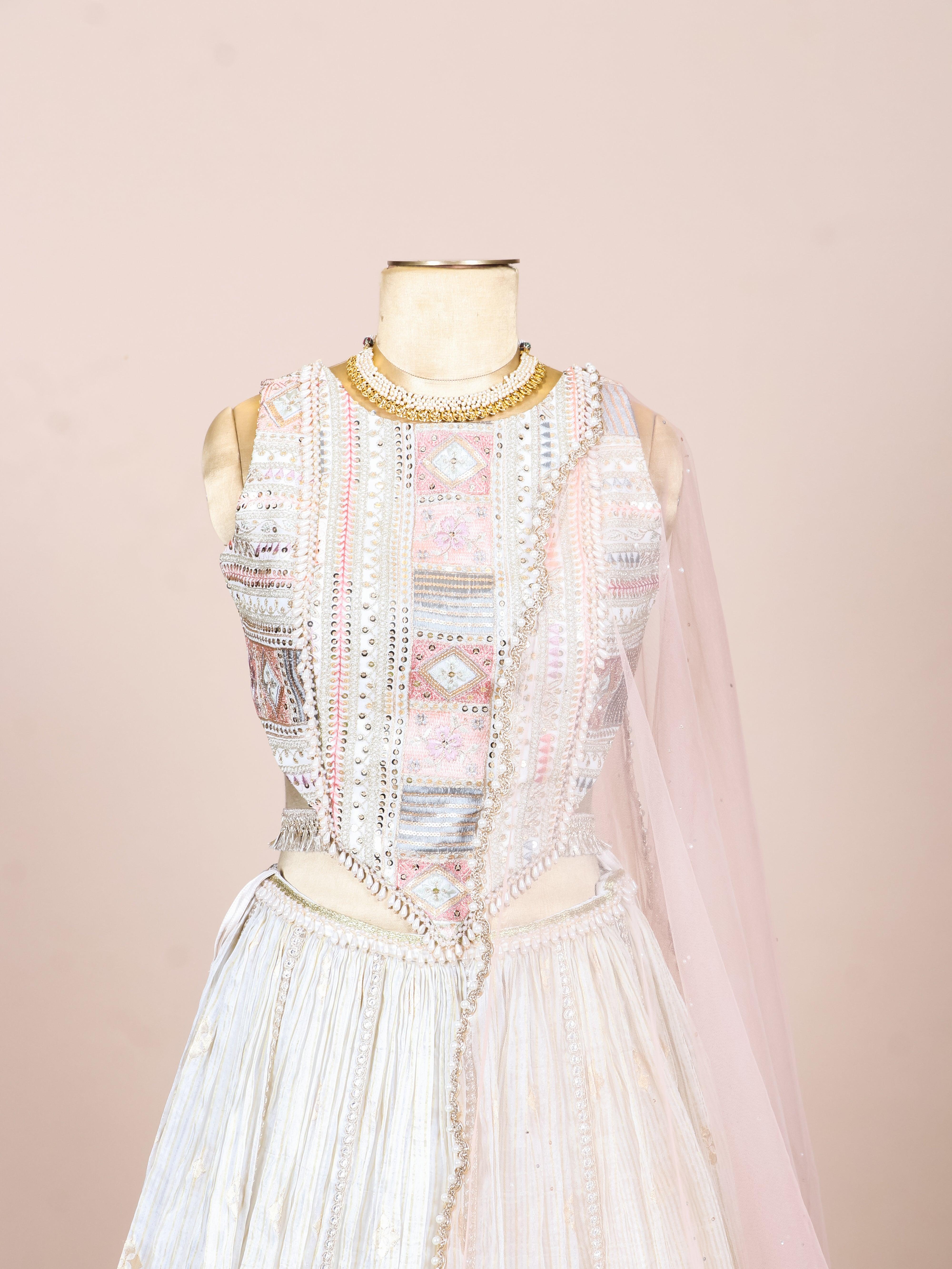 Designer Off White Fancy Banarasi Party Wear Lehenga - Sumangal Ekam
