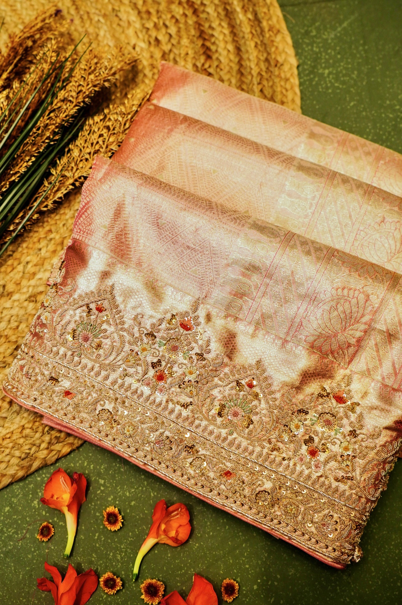 Designer Peach Tissue Silk Saree
