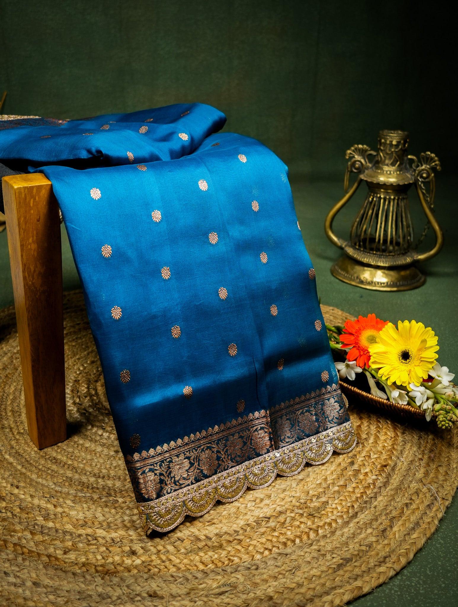 Designer Peacock Blue Organza Saree
