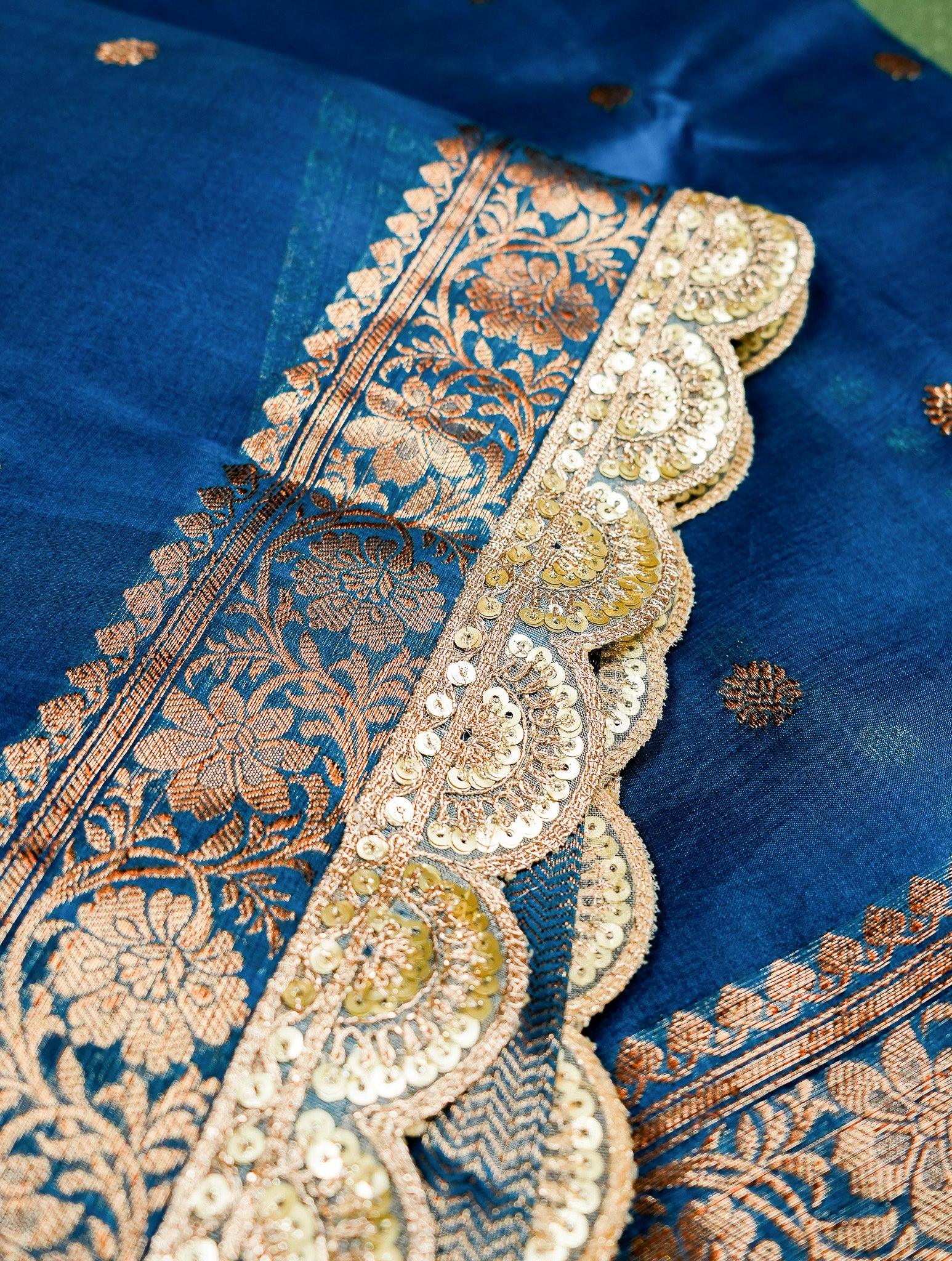 Designer Peacock Blue Organza Saree