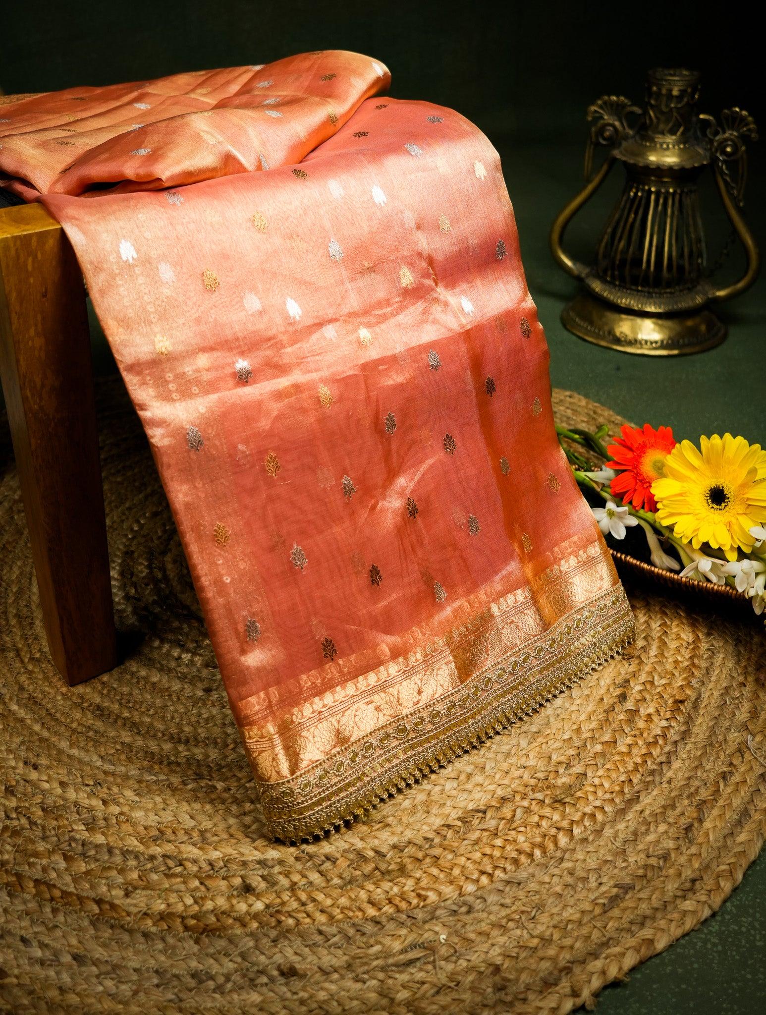 Designer Orange Tissue Silk Saree