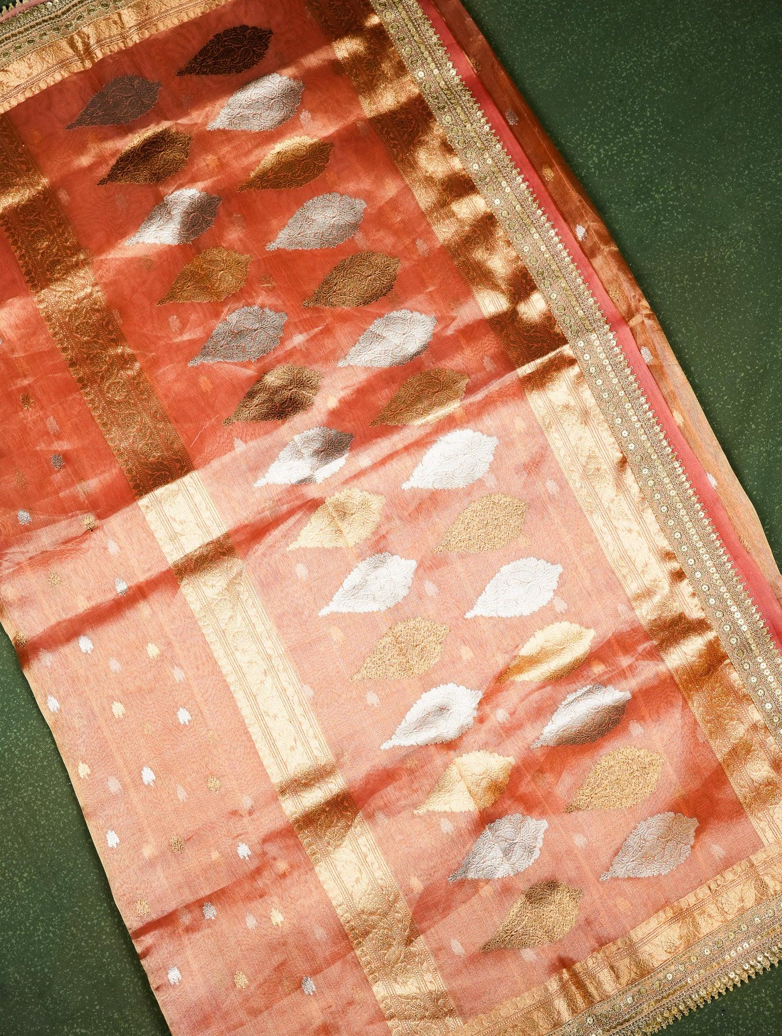 Designer Orange Tissue Silk Saree