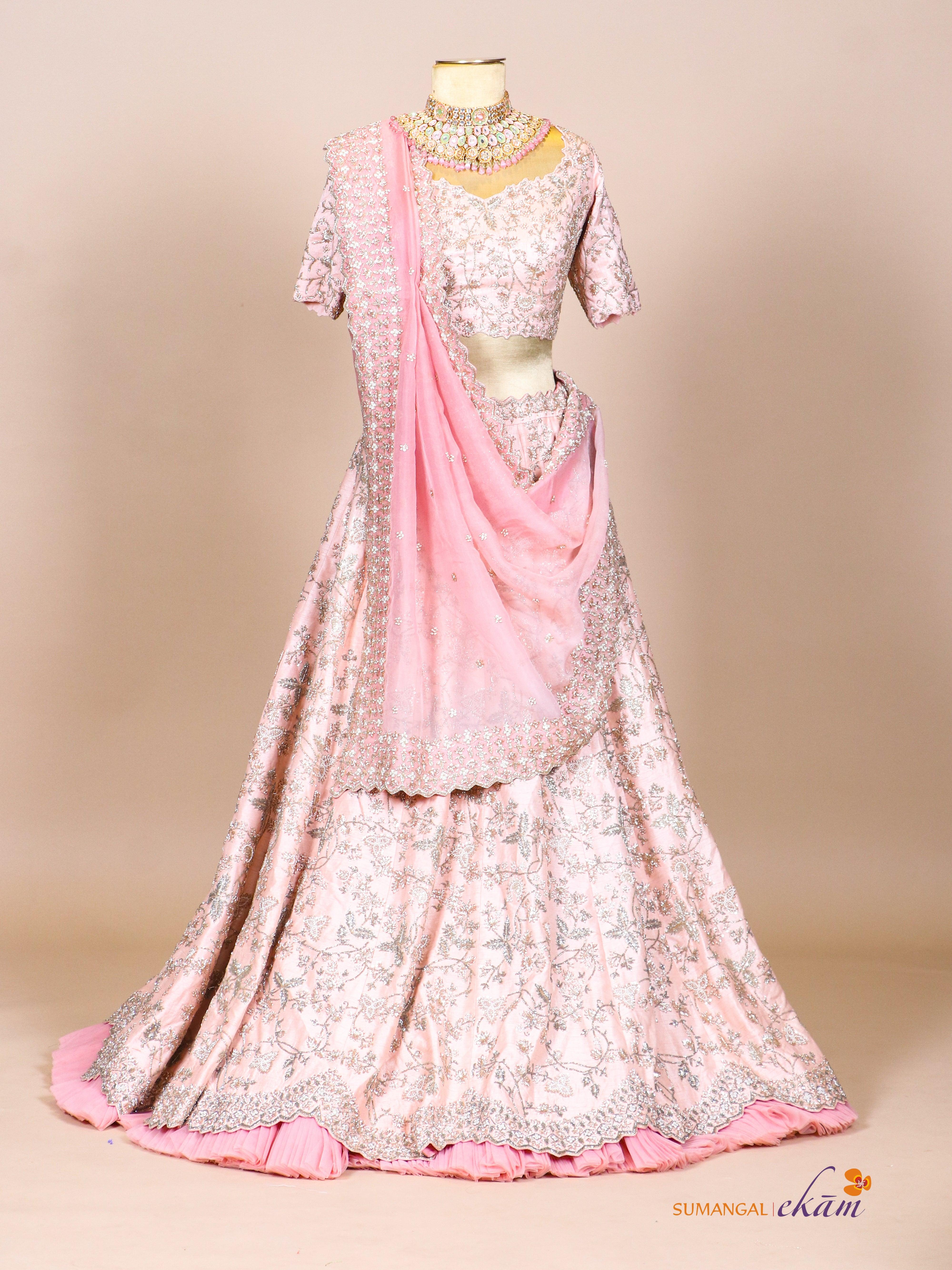 Designer Peach Raw Silk Party Wear Lehenga - Sumangal Ekam