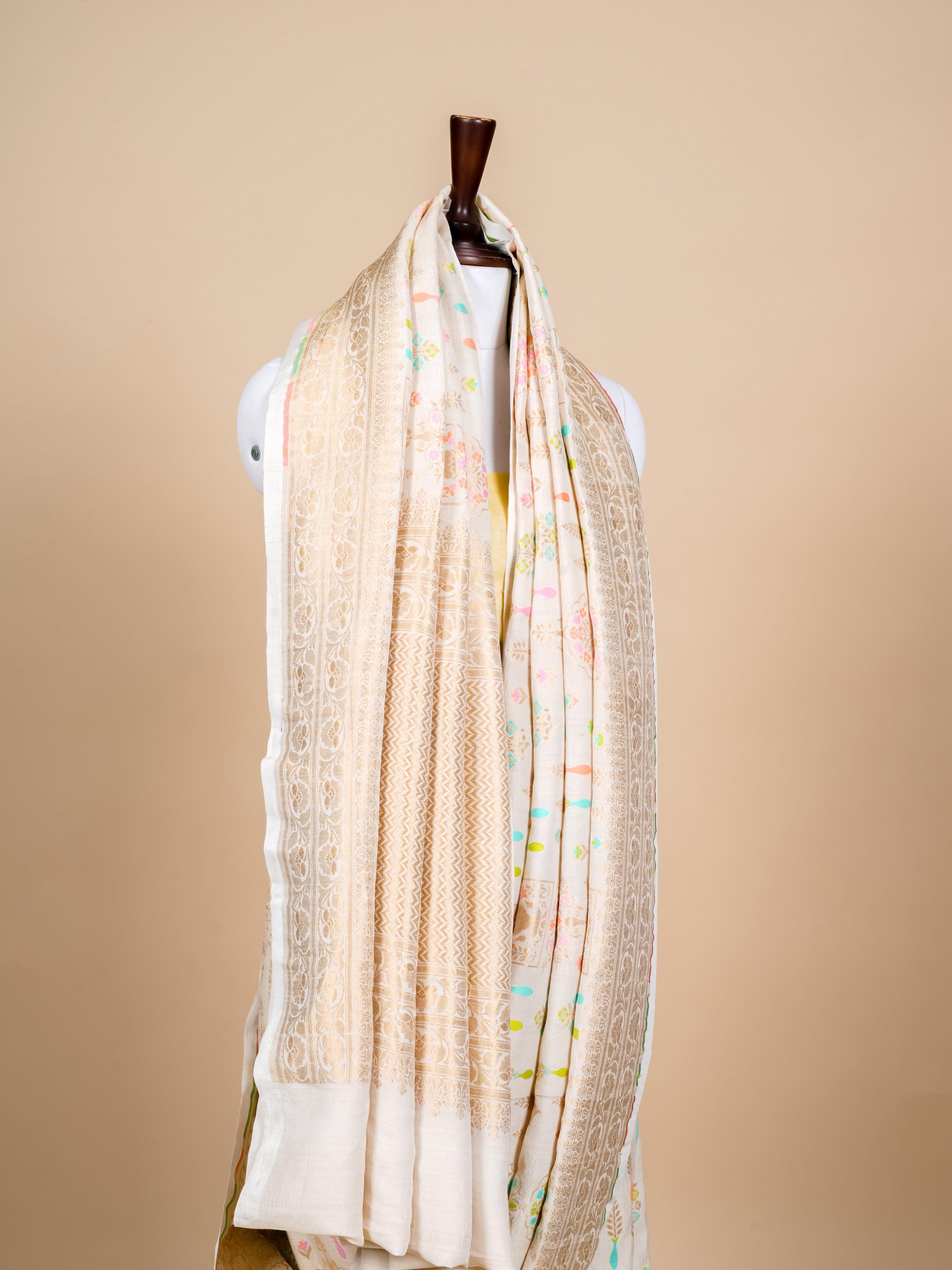 Handwoven Off White Banarasi Moonga Silk Saree - Sumangal Ekam