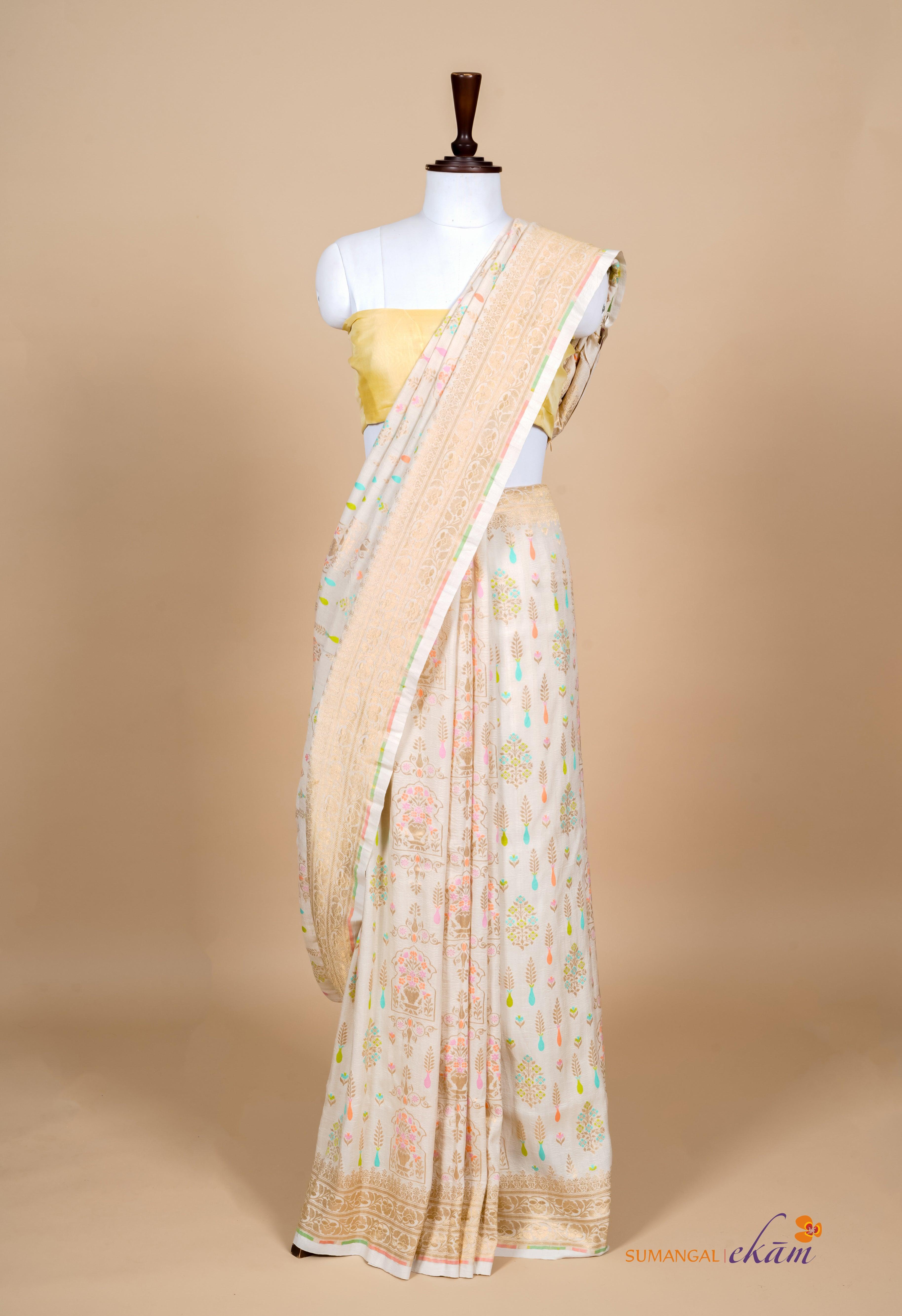 Handwoven Off White Banarasi Moonga Silk Saree - Sumangal Ekam