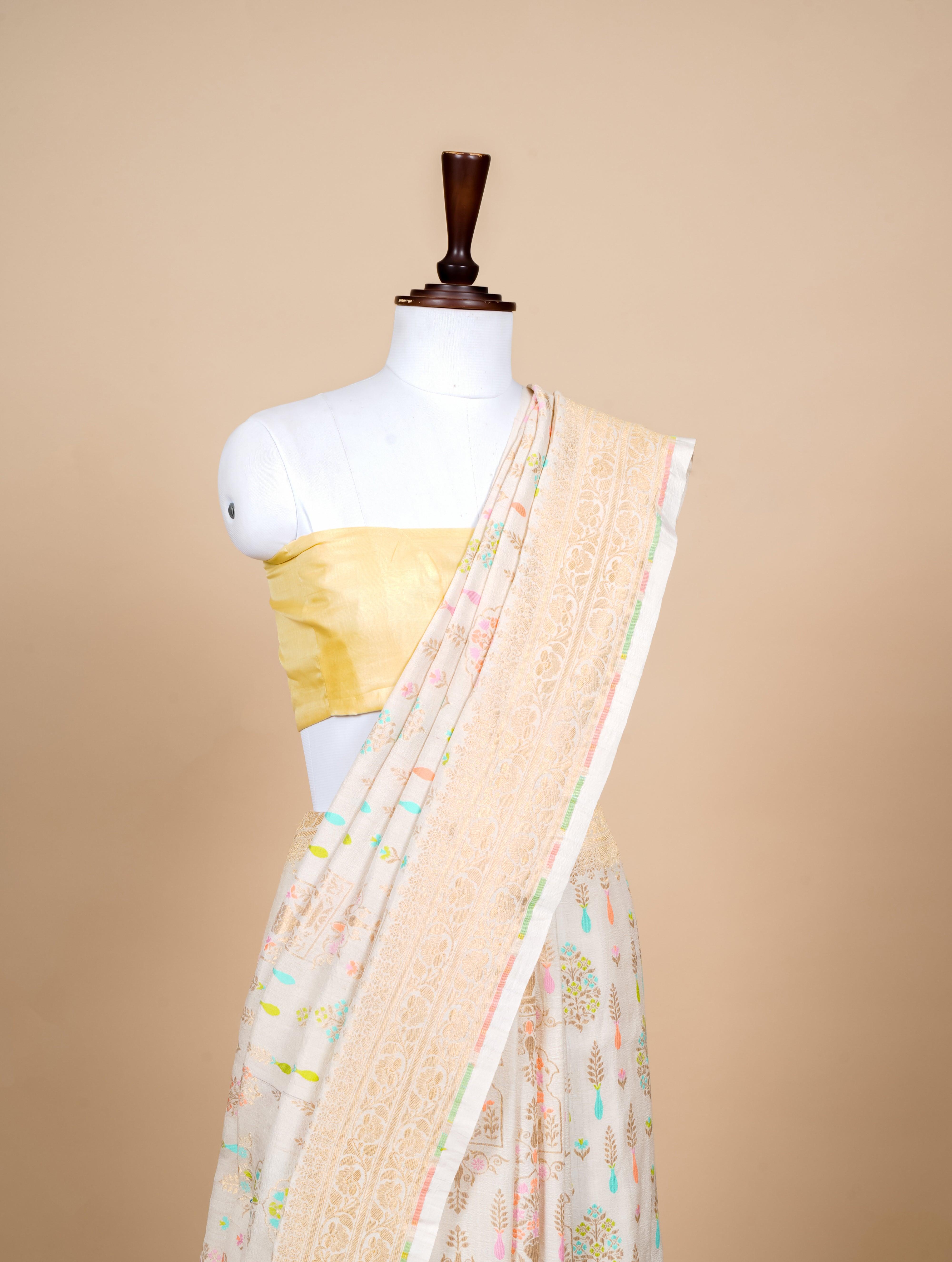 Handwoven Off White Banarasi Moonga Silk Saree - Sumangal Ekam