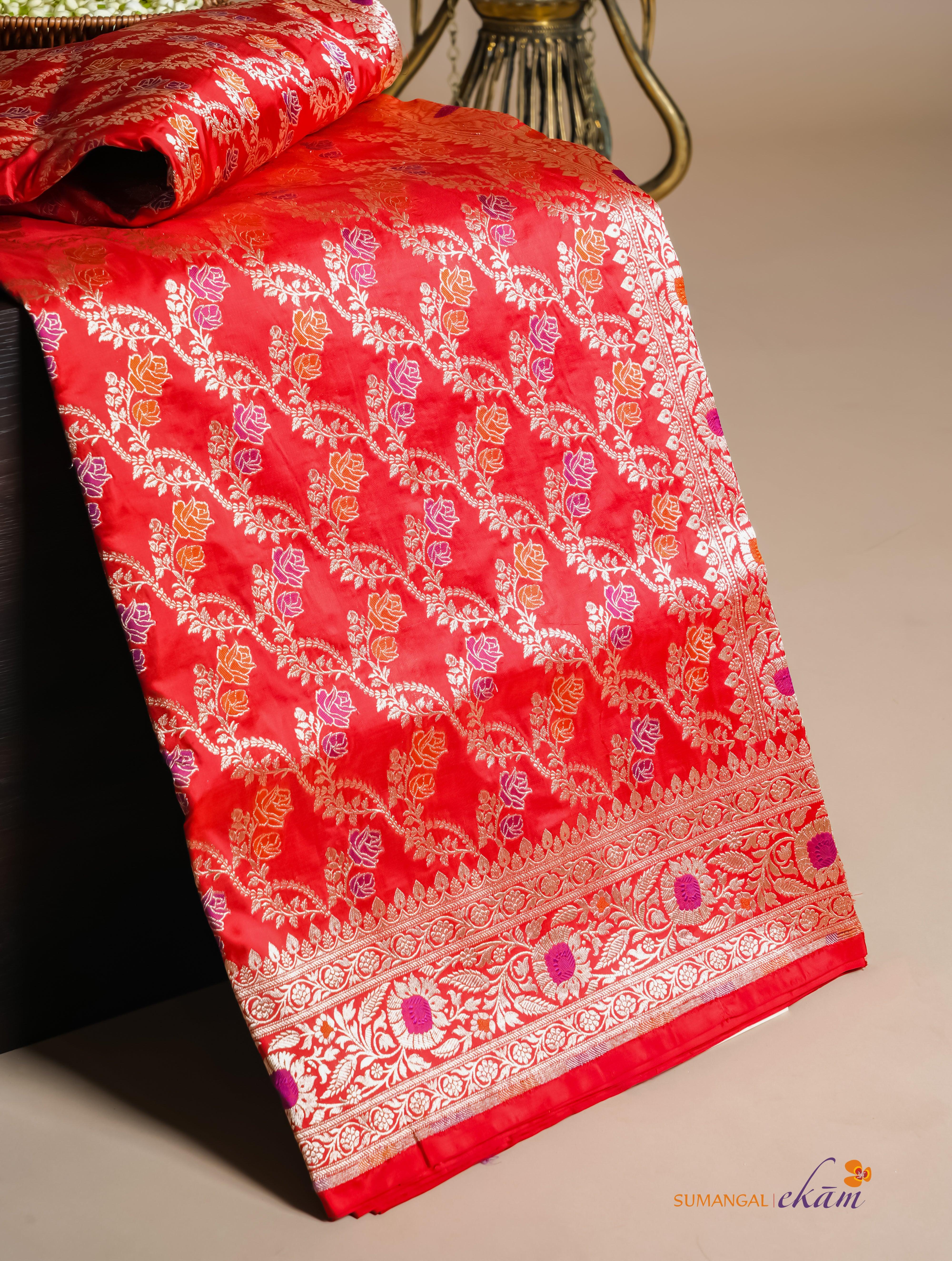 Handwoven Pinkish Red Banarasi Katan Silk Saree - Sumangal Ekam