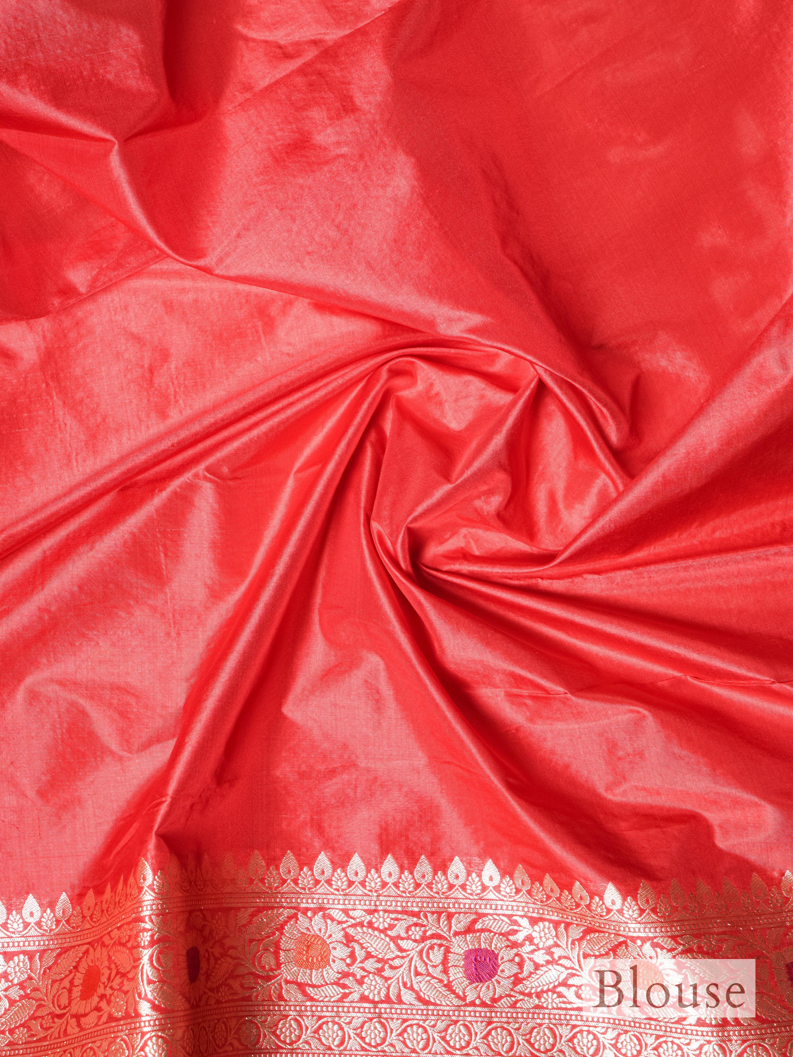 Handwoven Pinkish Red Banarasi Katan Silk Saree - Sumangal Ekam